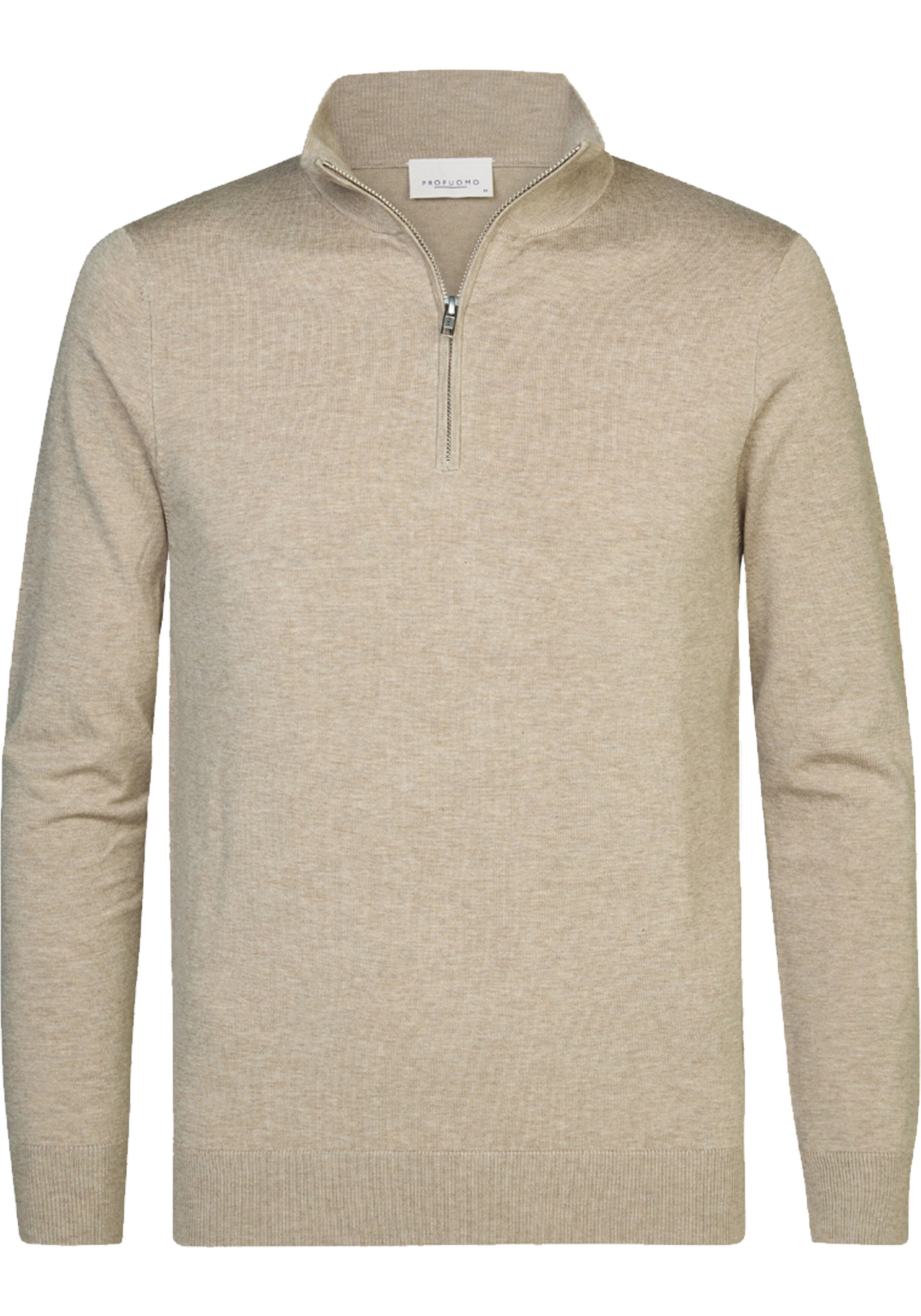 Profuomo heren trui lyocellmengsel, slim fit trui met korte rits, beige