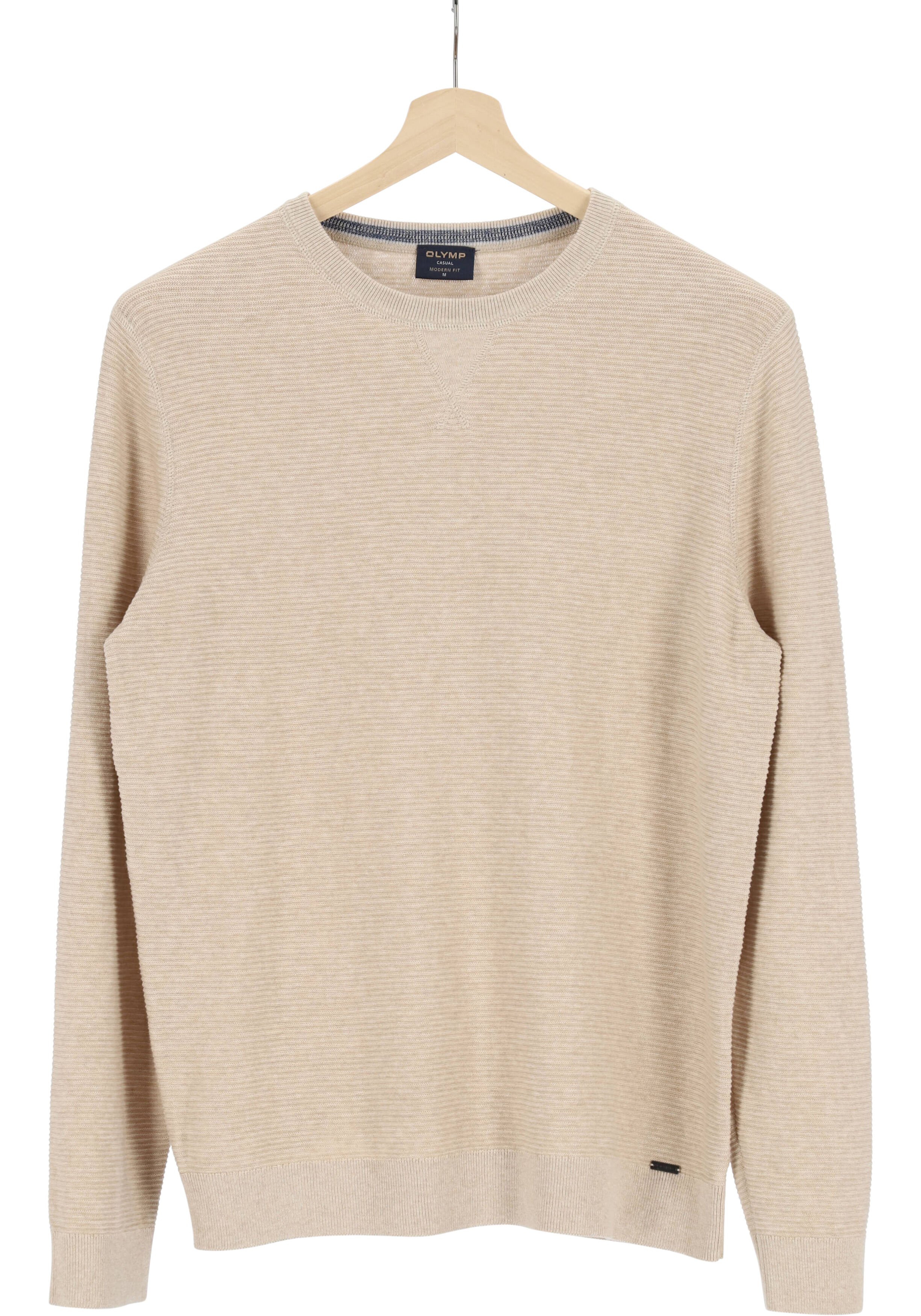 OLYMP modern fit trui katoen, structuur, O-hals, beige