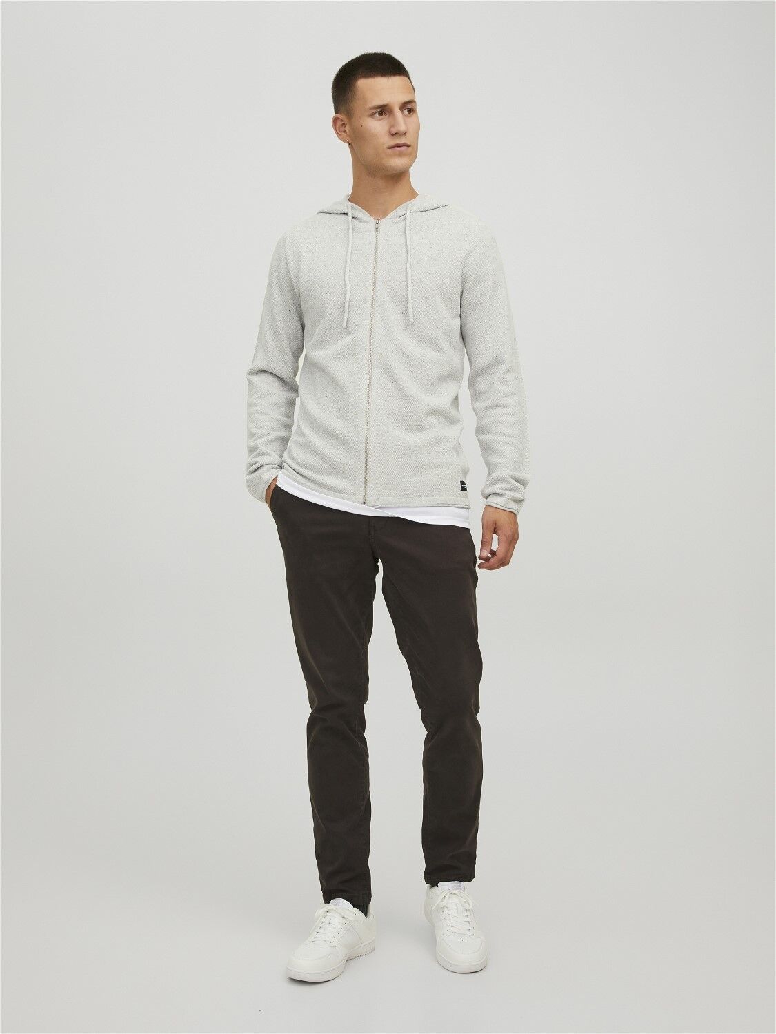 JACK & JONES Hill knit cardigan slim fit, heren vest katoen met capuchon, lichtgrijs melange