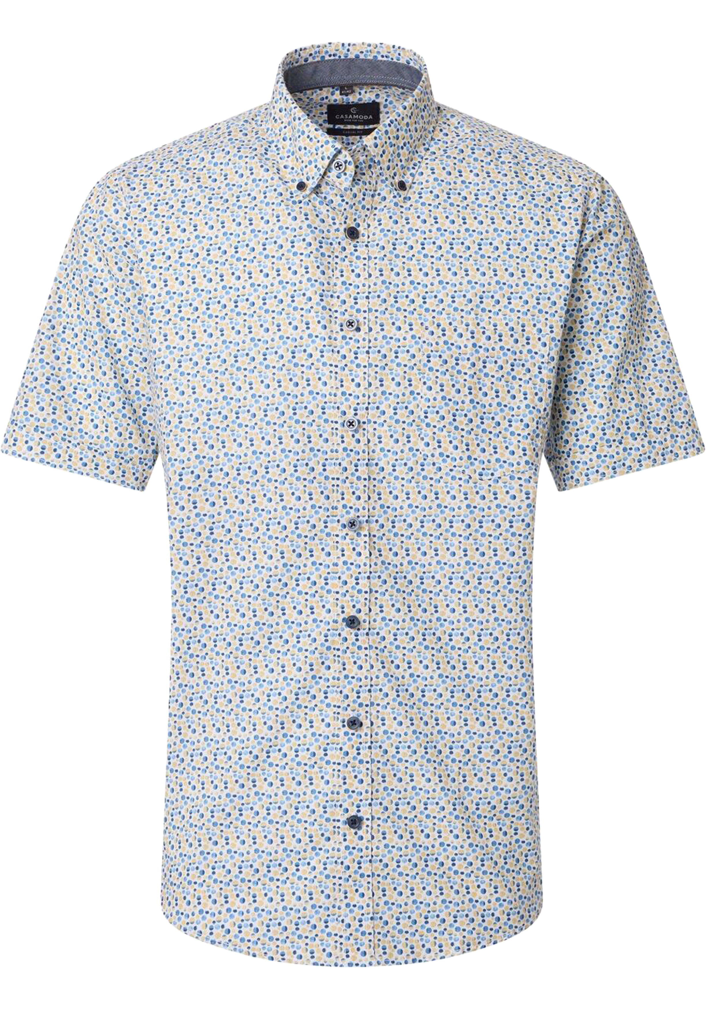 CASA MODA Sport casual fit overhemd, korte mouw, twill, wit met geel en blauw balletjes dessin