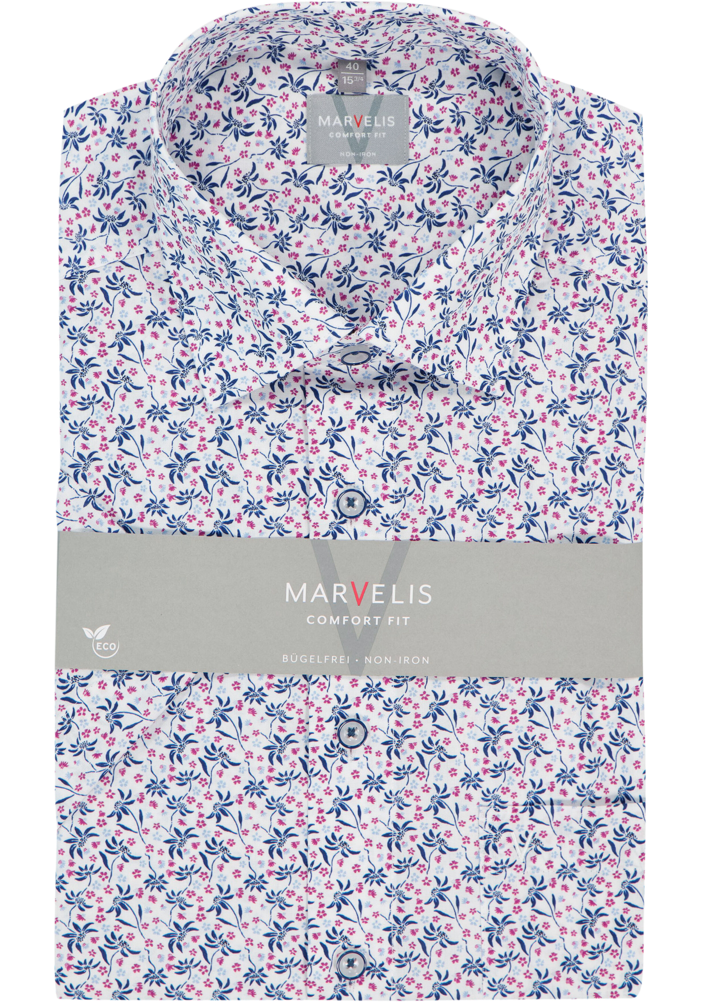 MARVELIS comfort fit overhemd, korte mouw, popeline, wit met blauw en donkerroze bloemetjes dessin