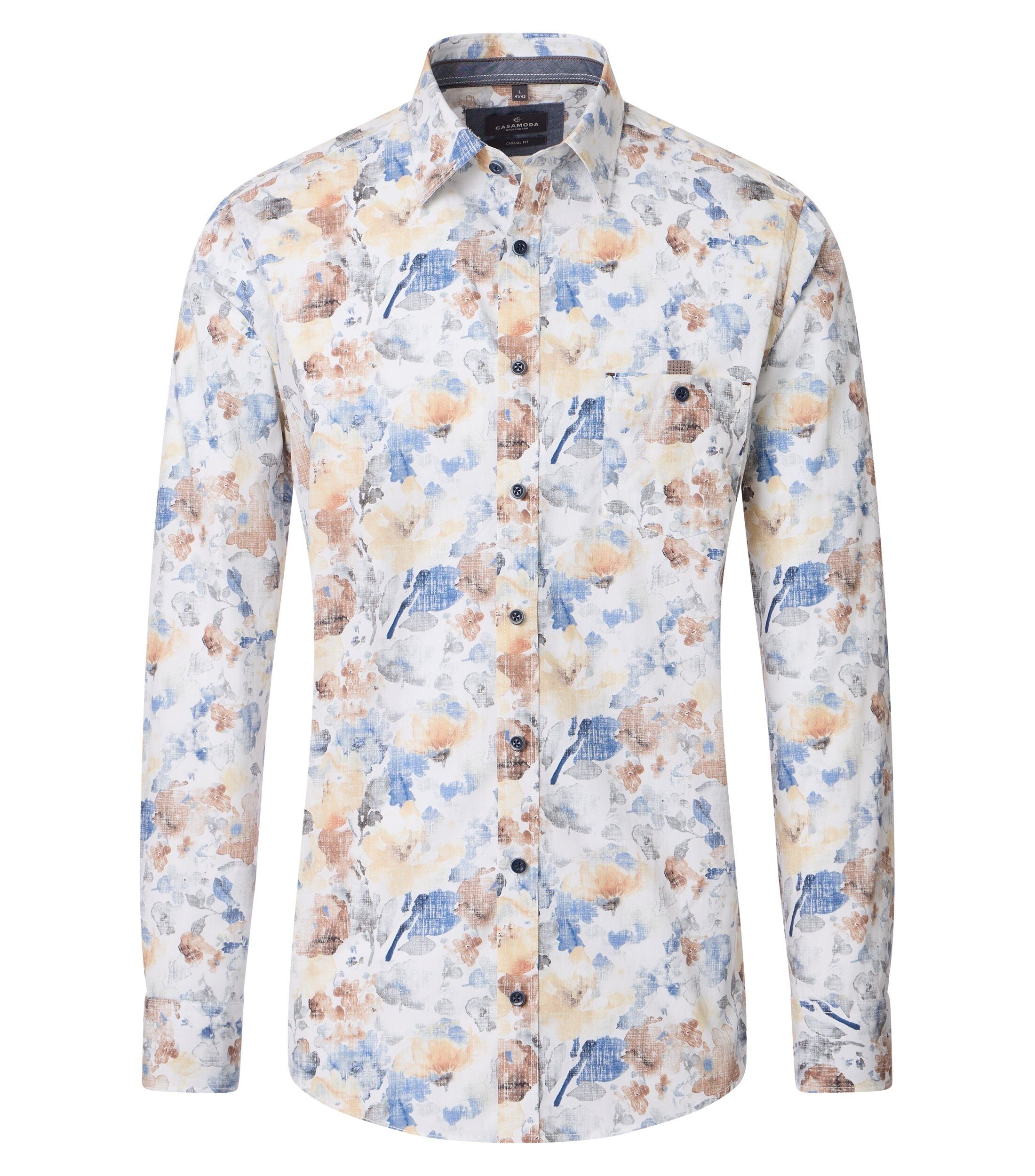 CASA MODA Sport casual fit overhemd, popeline, wit met geel, blauw en bruin bloemen dessin