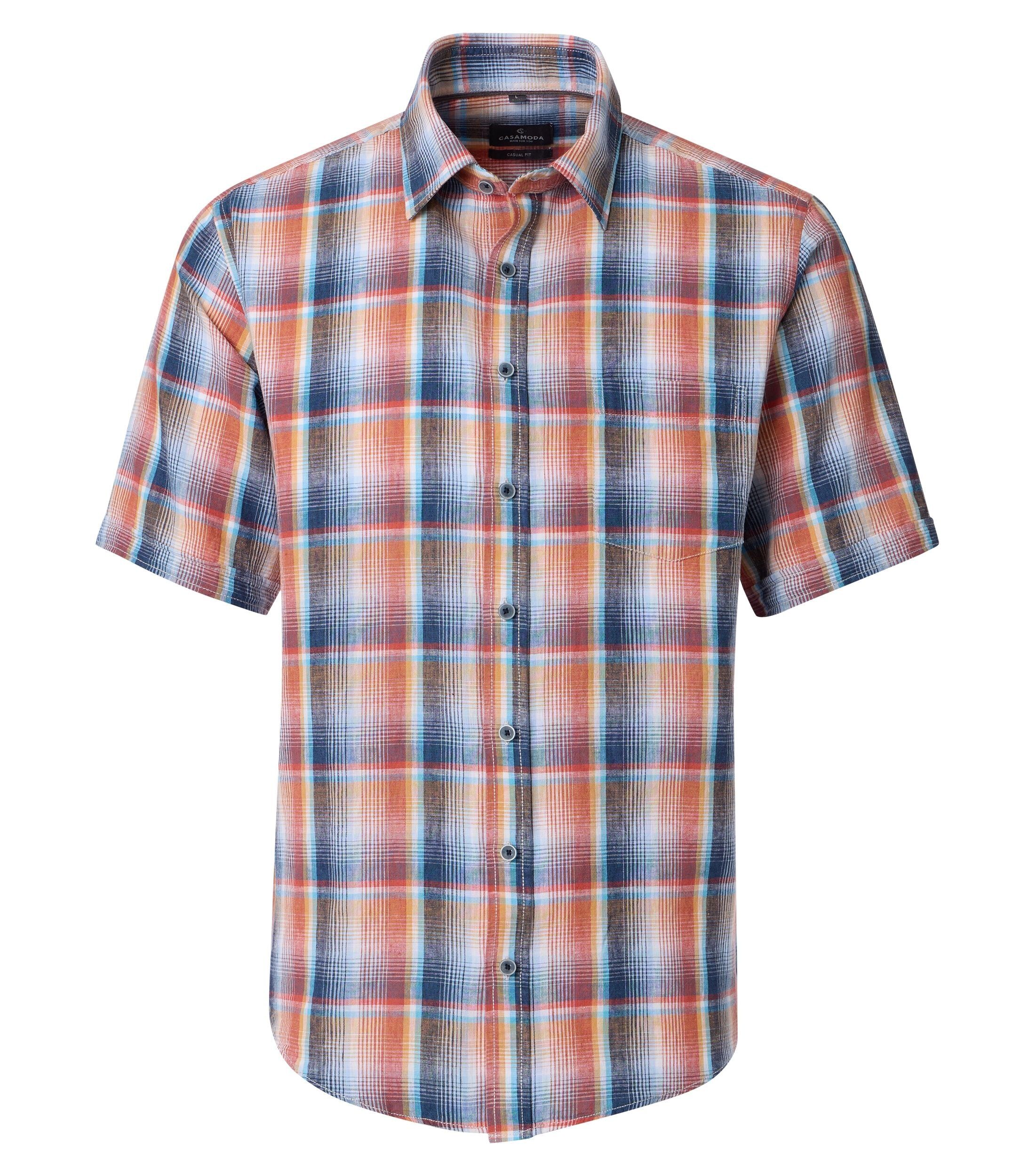CASA MODA Sport casual fit overhemd, korte mouw, structuur, oranje, blauw, wit, lichtblauw, geel geruit