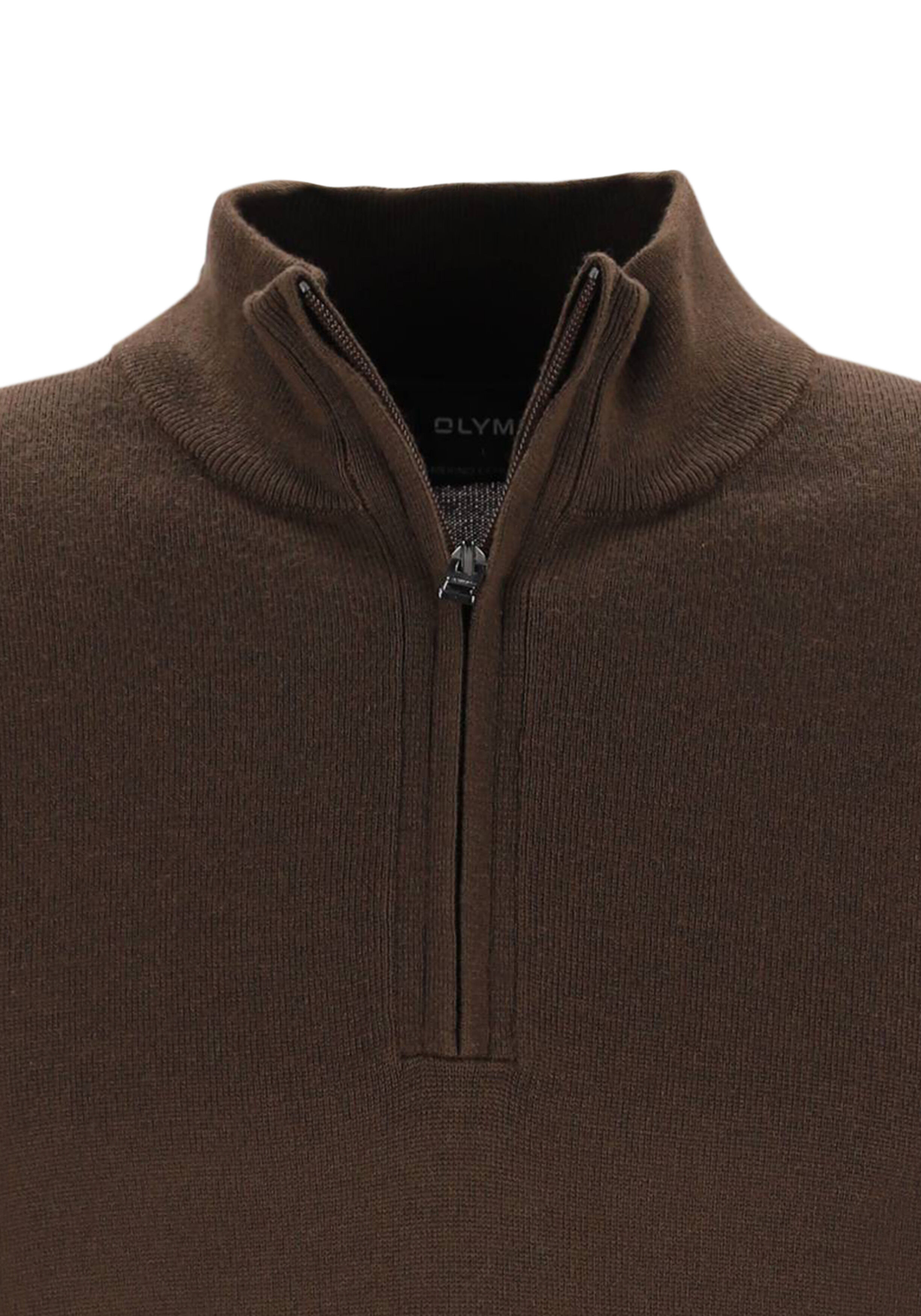 OLYMP Casual modern fit half zip trui wol, korte rits, bruin