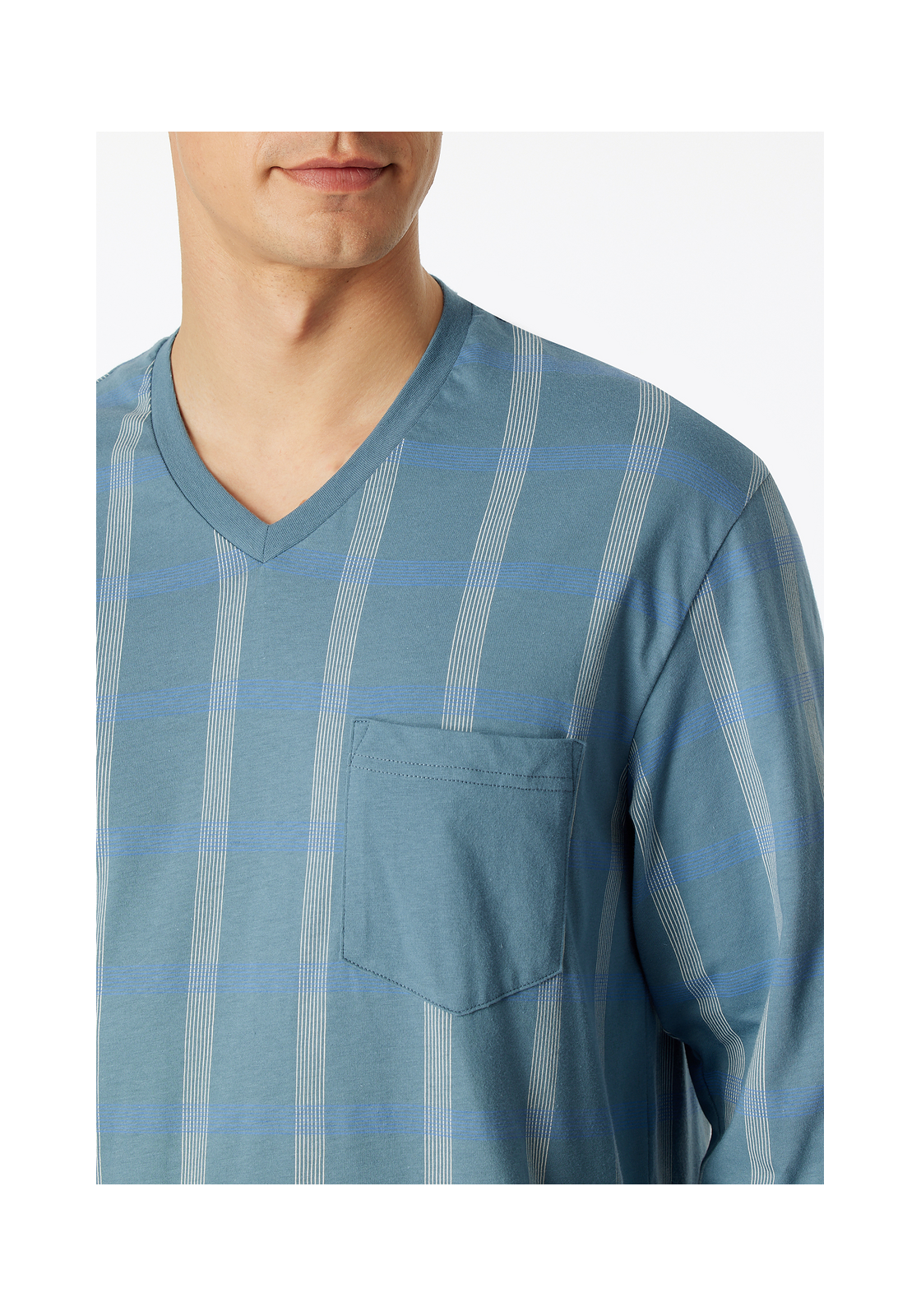 image_5_181162-808_4_1280x1280 SCHIESSER Comfort Nightwear pyjamaset, heren pyjama lang organic cotton V-hals manchetten borstzak blauw-grijs geruit
