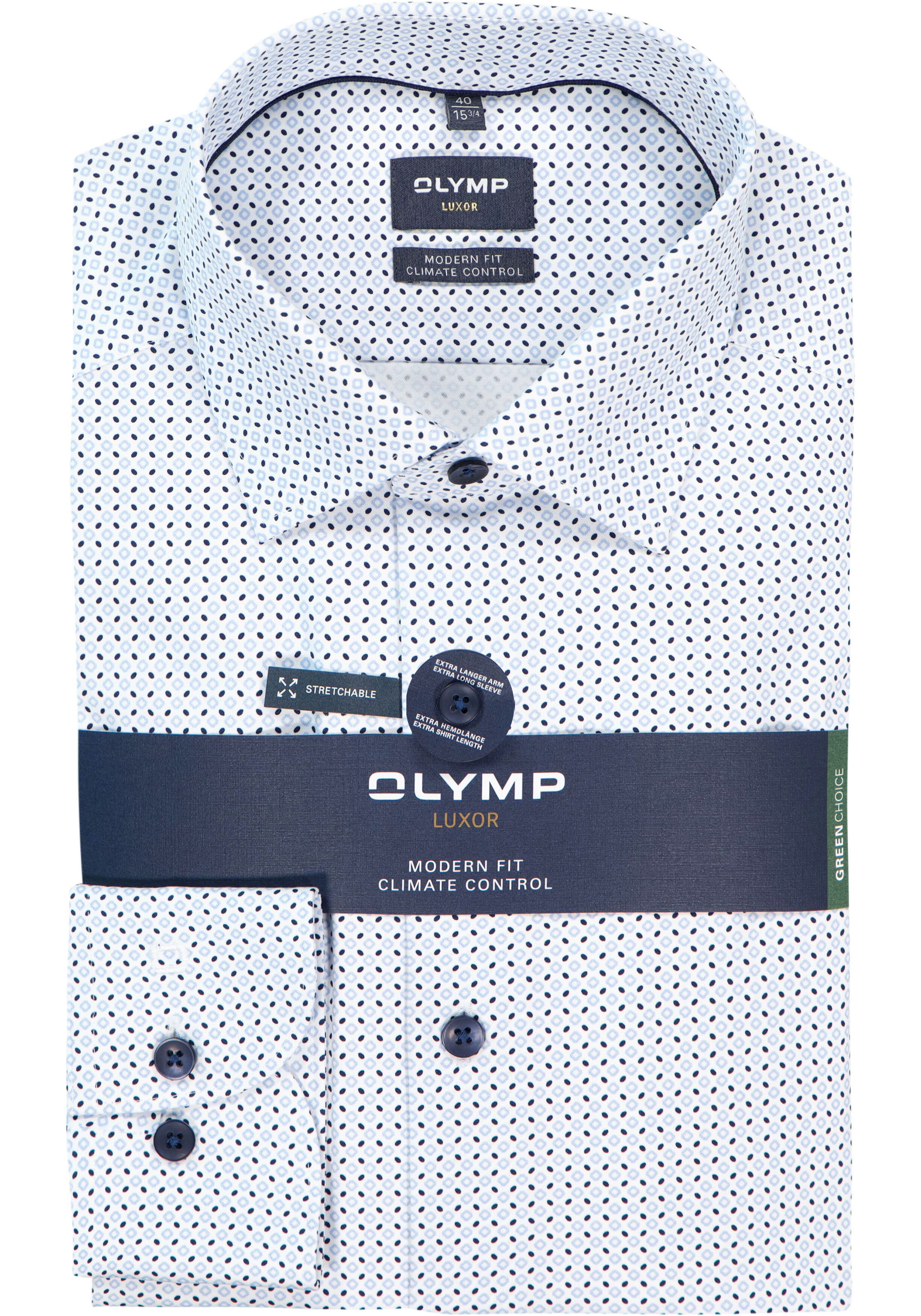 OLYMP 24/7 Luxor modern fit overhemd, mouwlengte 7, dobby, wit met blauw dessin