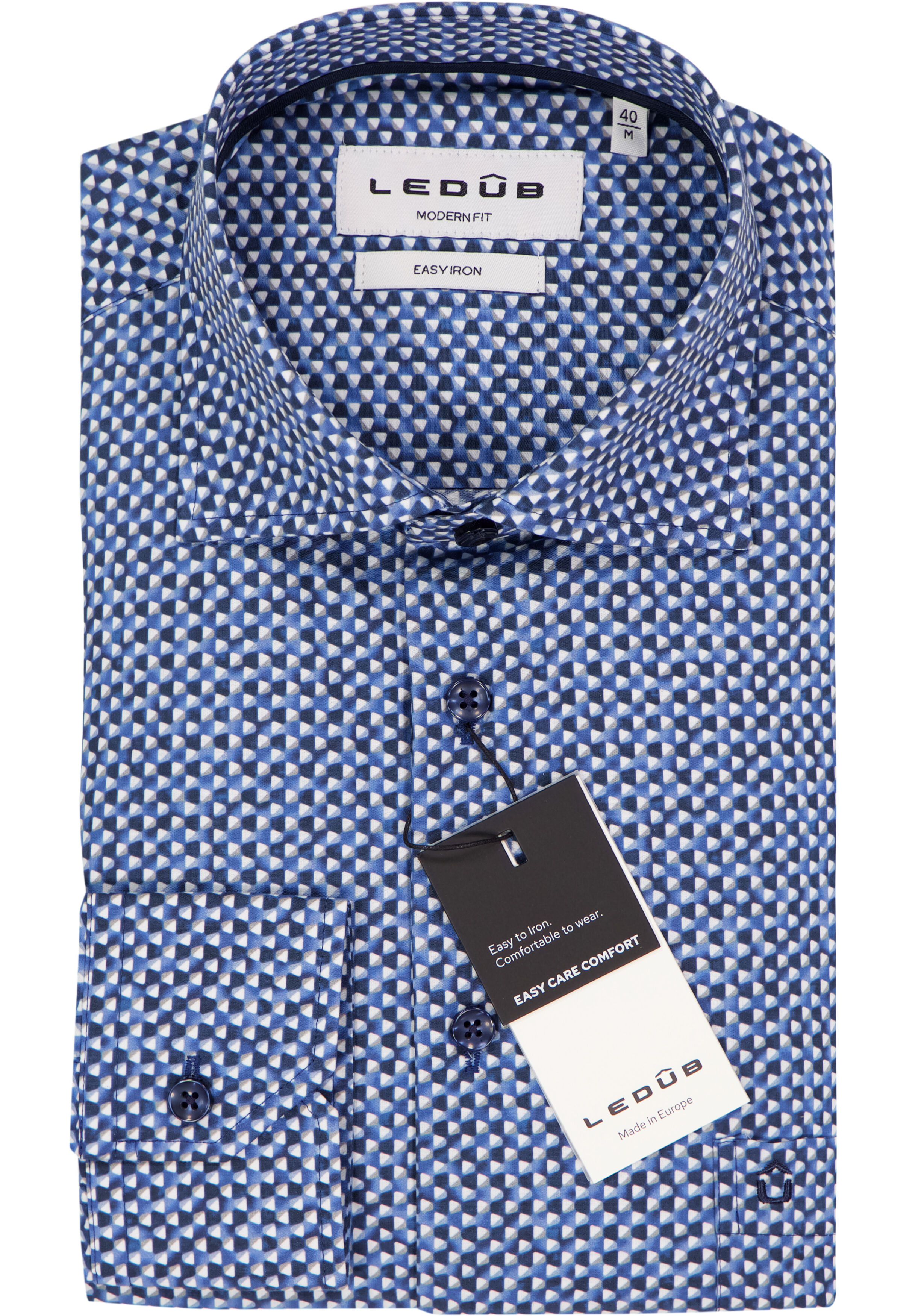 Ledub modern fit overhemd, popeline, middenblauw dessin