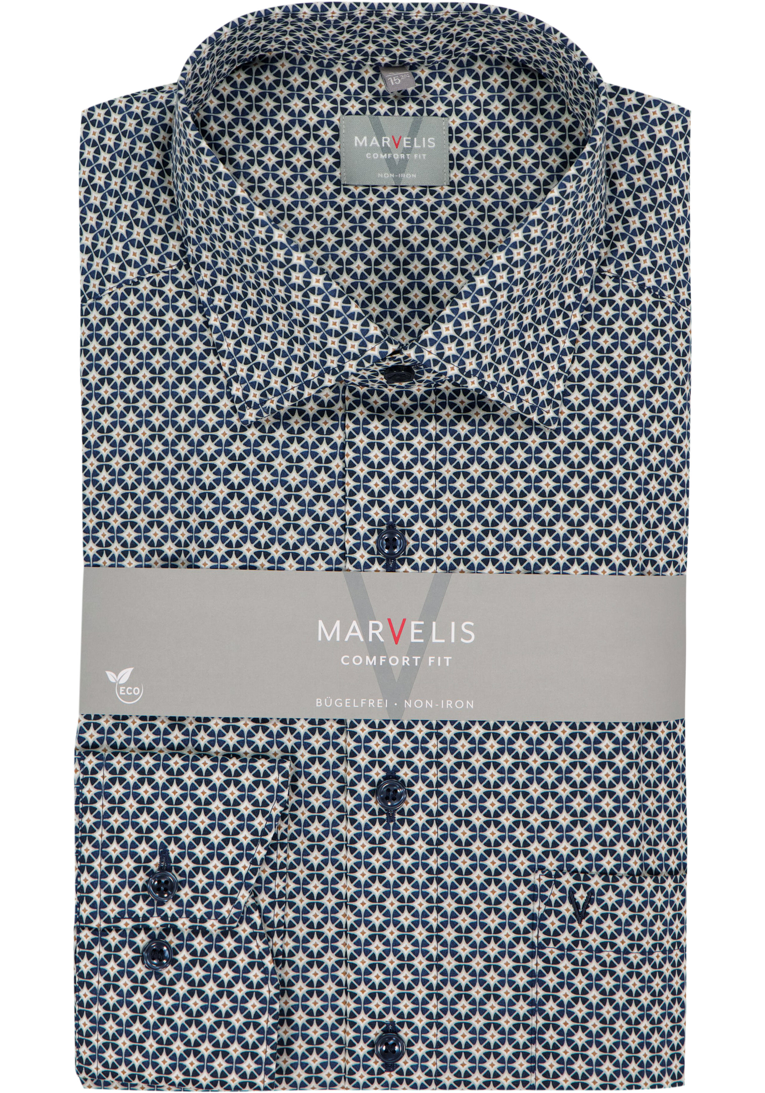 MARVELIS comfort fit overhemd, popeline, blauw met lichtbruin en wit dessin