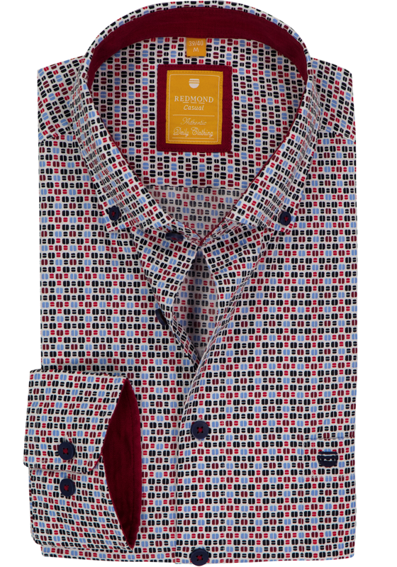 Redmond modern fit overhemd, popeline, wit met blauw en rood dessin Redmond modern fit overhemd, popeline, wit met blauw en rood dessin