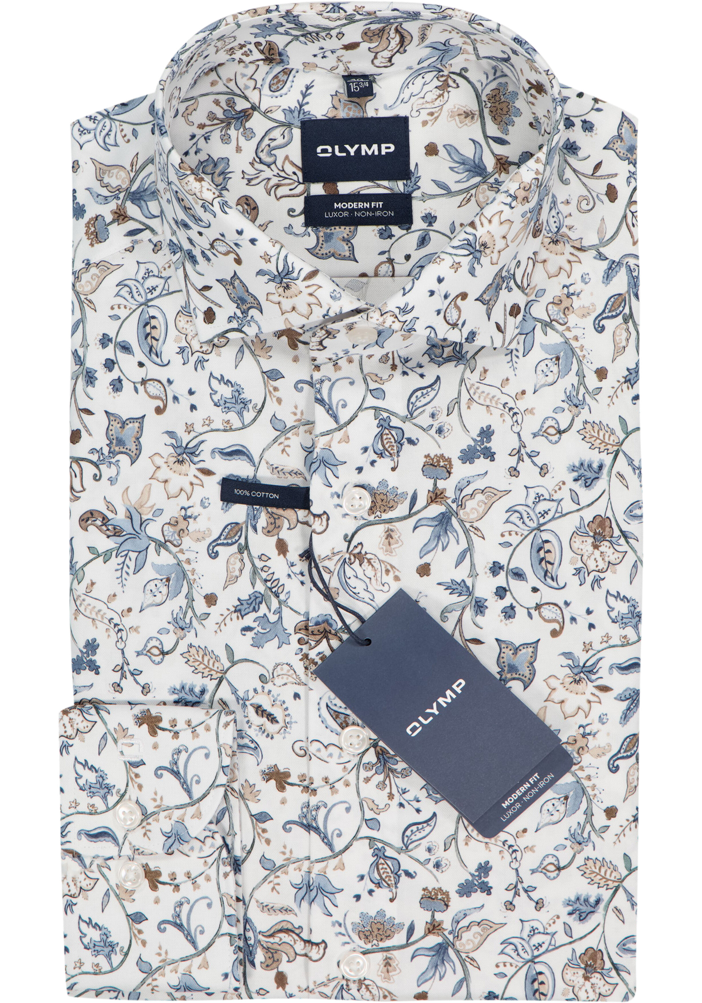 OLYMP Luxor modern fit overhemd, dobby, wit met olijfgroen en blauw dessin