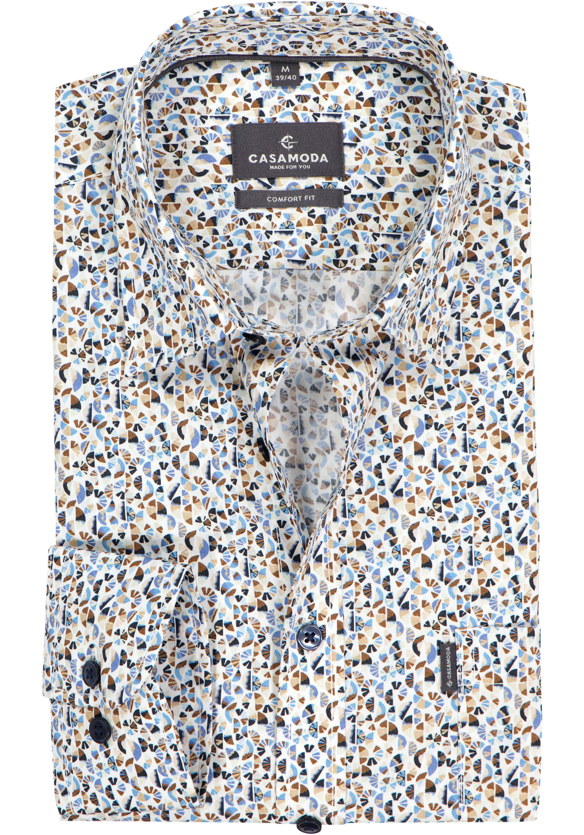 CASAMODA Sport comfort fit overhemd, popeline, wit met blauw, beige en groen dessin