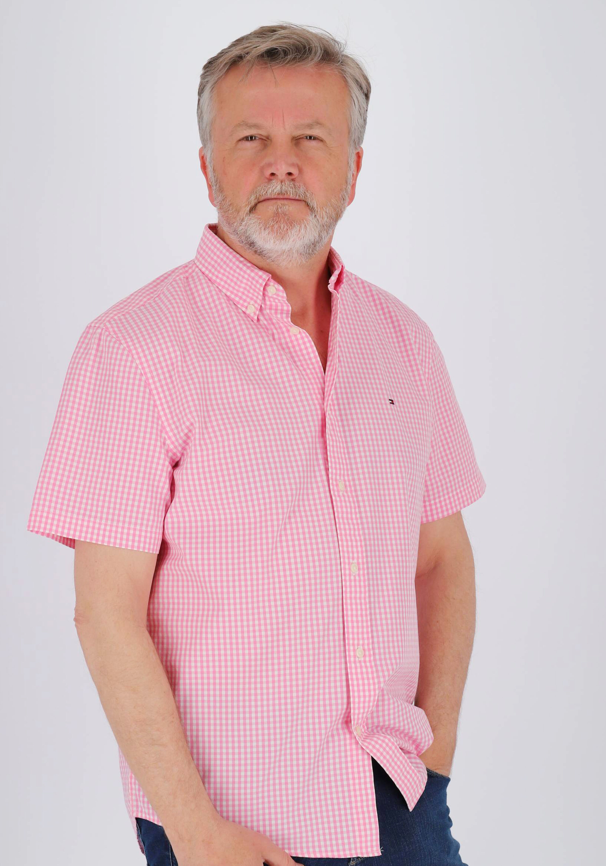 Tommy Hilfiger Flex Poplin Regular Fit Shirt, korte mouw, popeline, roze met wit geruit
