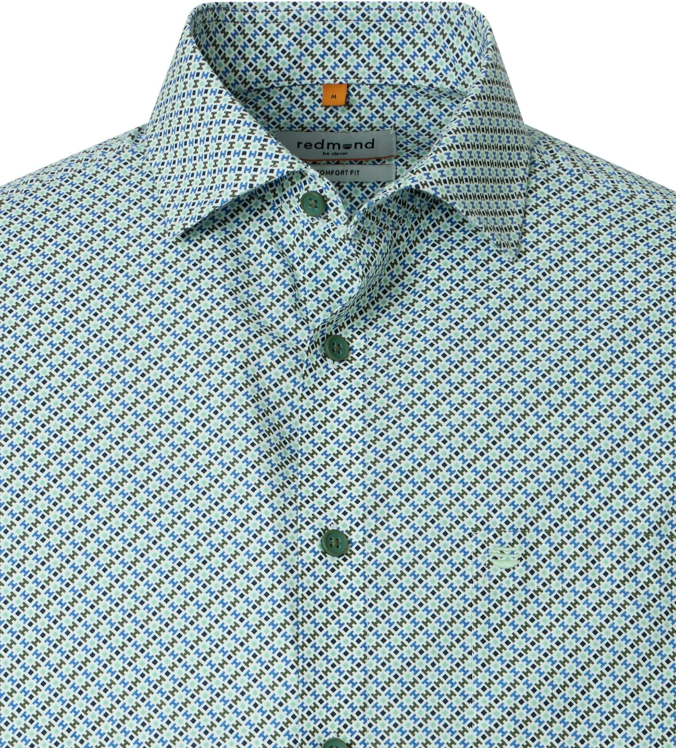 Redmond comfort fit overhemd, popeline, wit, groen, blauw dessin