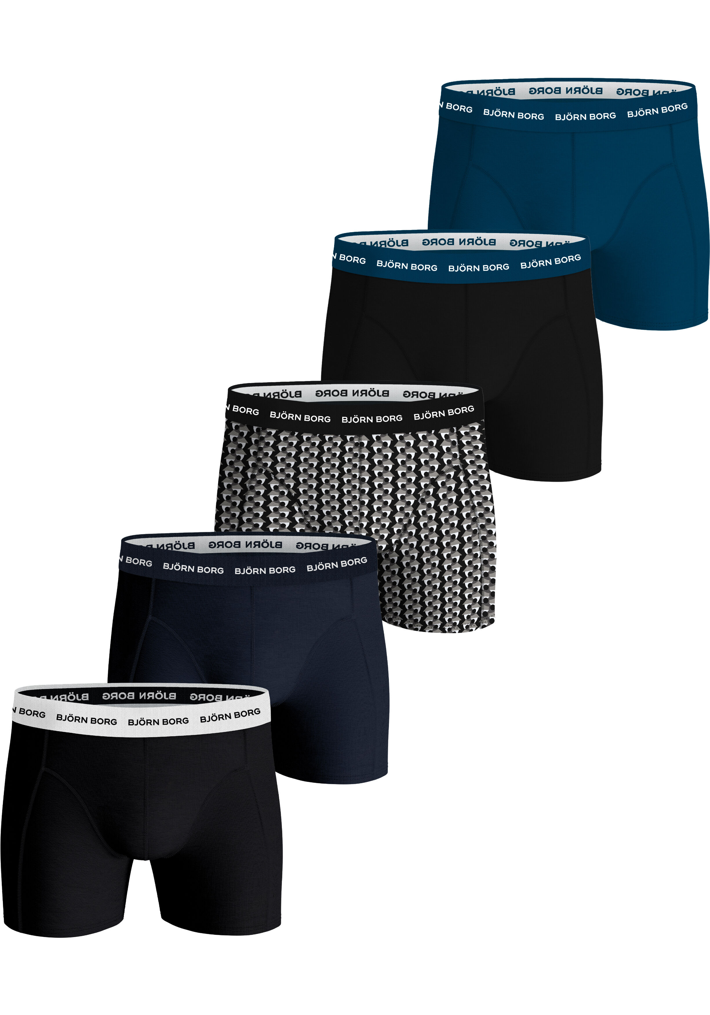 Bjorn Borg Cotton Stretch boxers, heren boxers normale lengte (5-pack), navy blauw, zwart, print, navy blauw, zwart