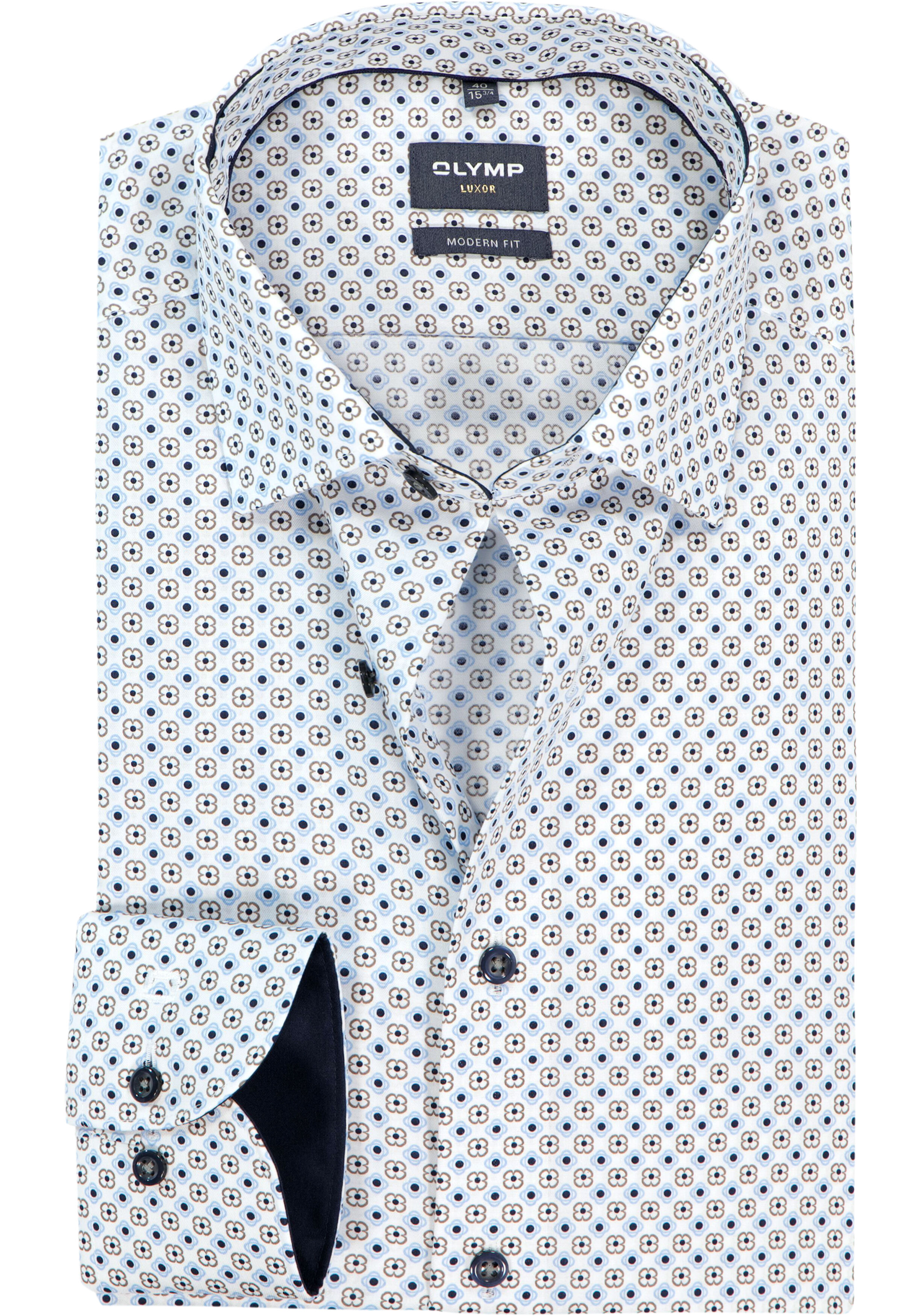 OLYMP Luxor modern fit overhemd, dobby, wit met blauw dessin