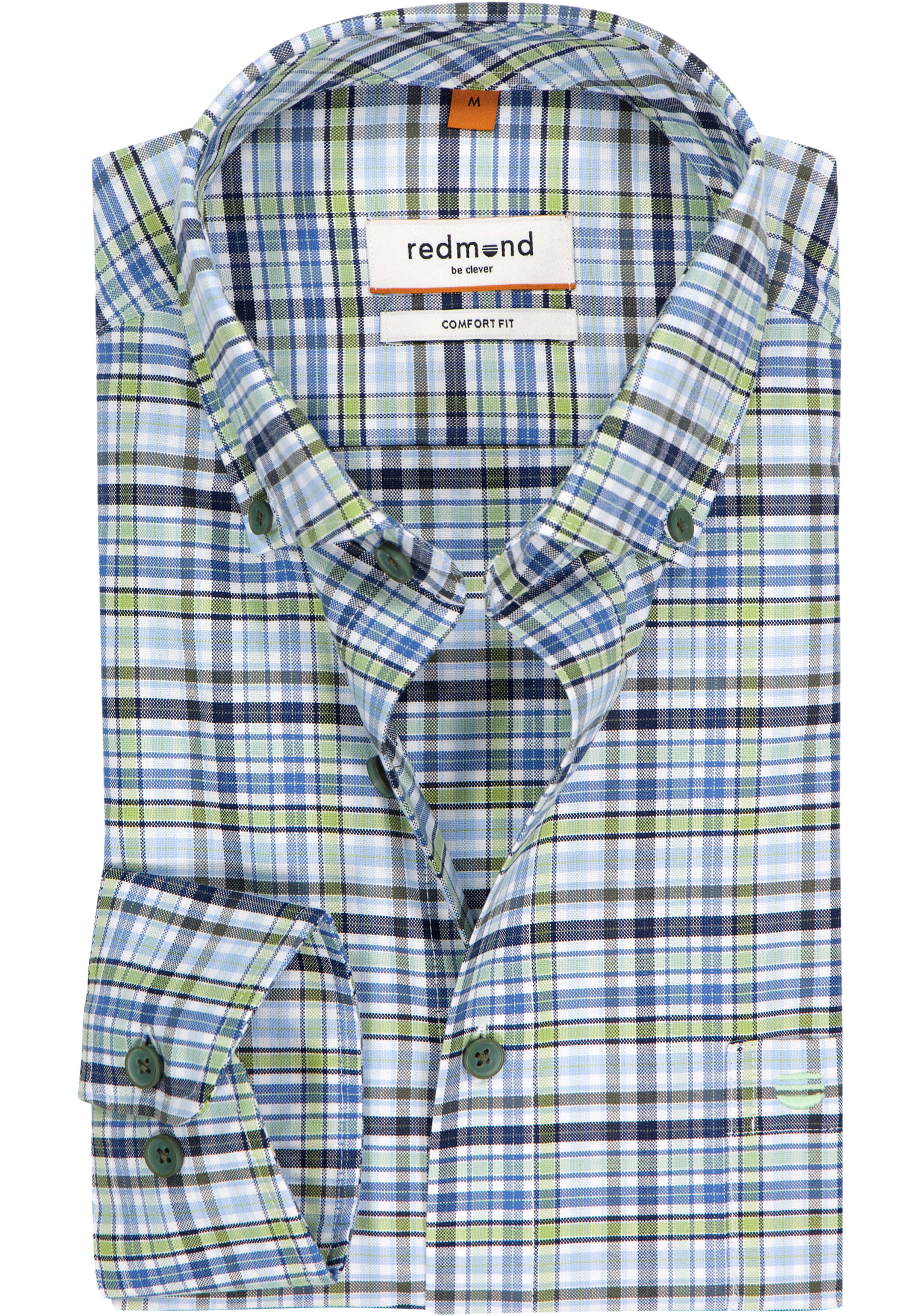 Redmond comfort fit overhemd, Oxford, blauw met wit en groen geruit