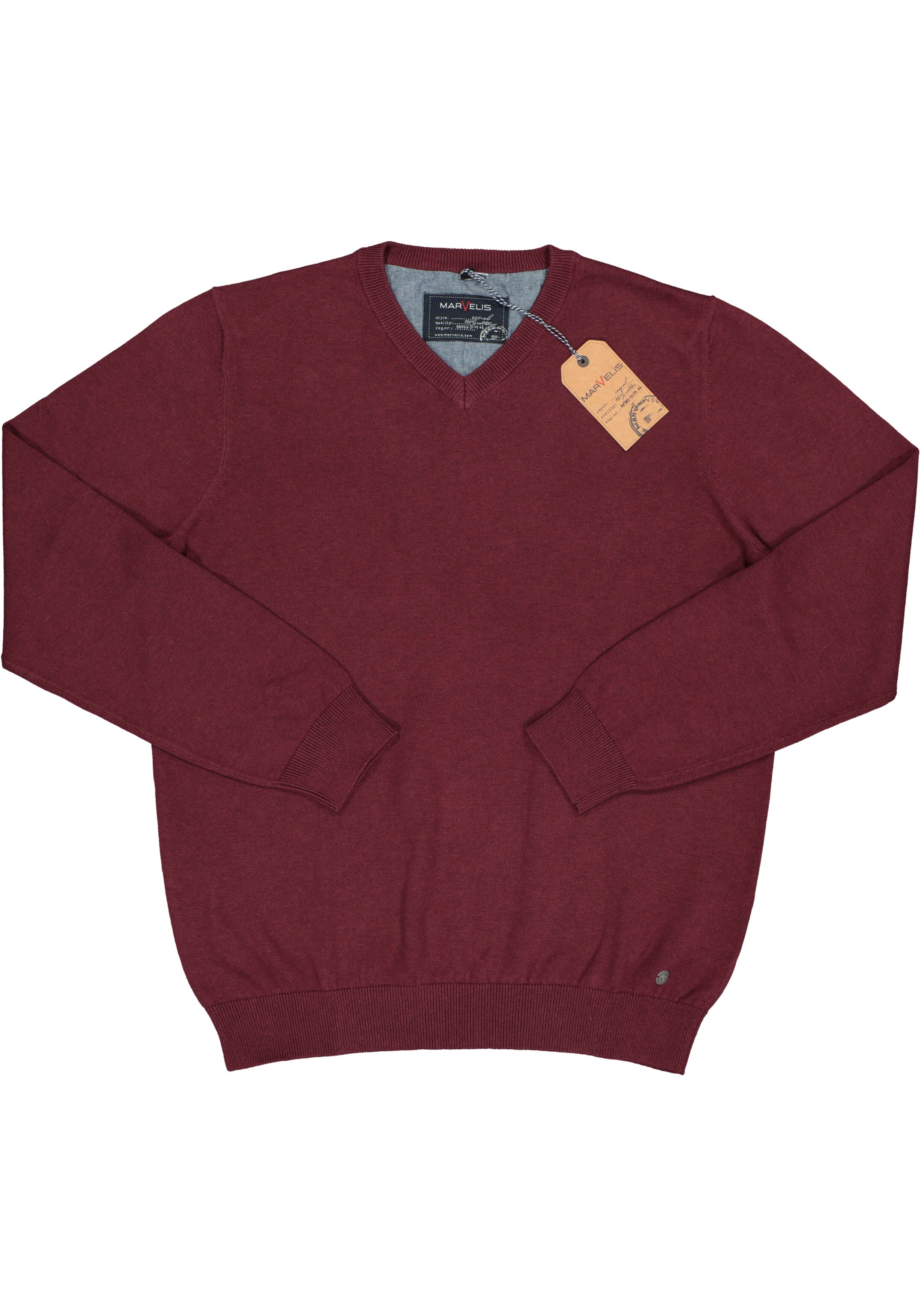 MARVELIS modern fit trui katoen, V-hals, aubergine