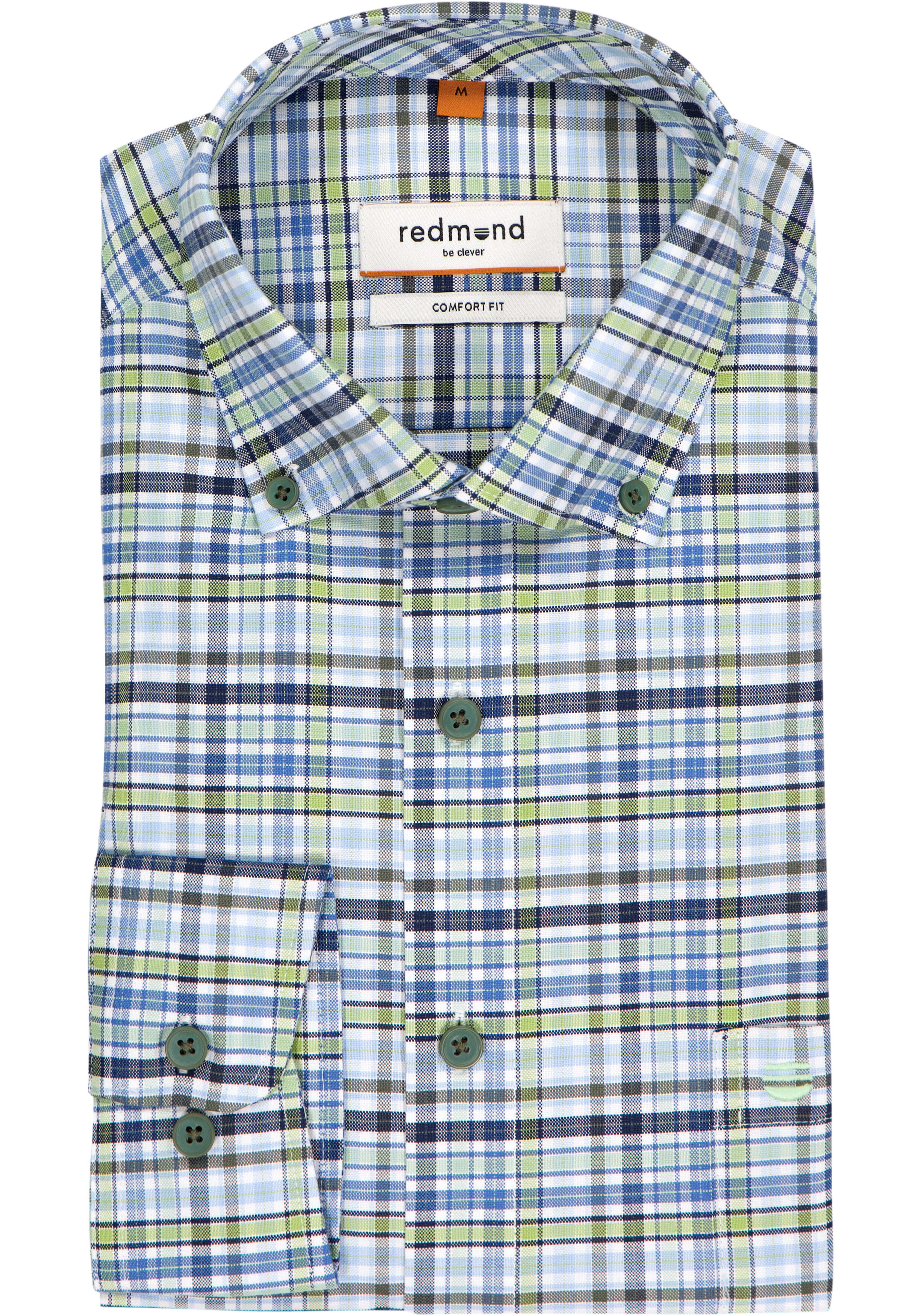 Redmond comfort fit overhemd, Oxford, blauw met wit en groen geruit