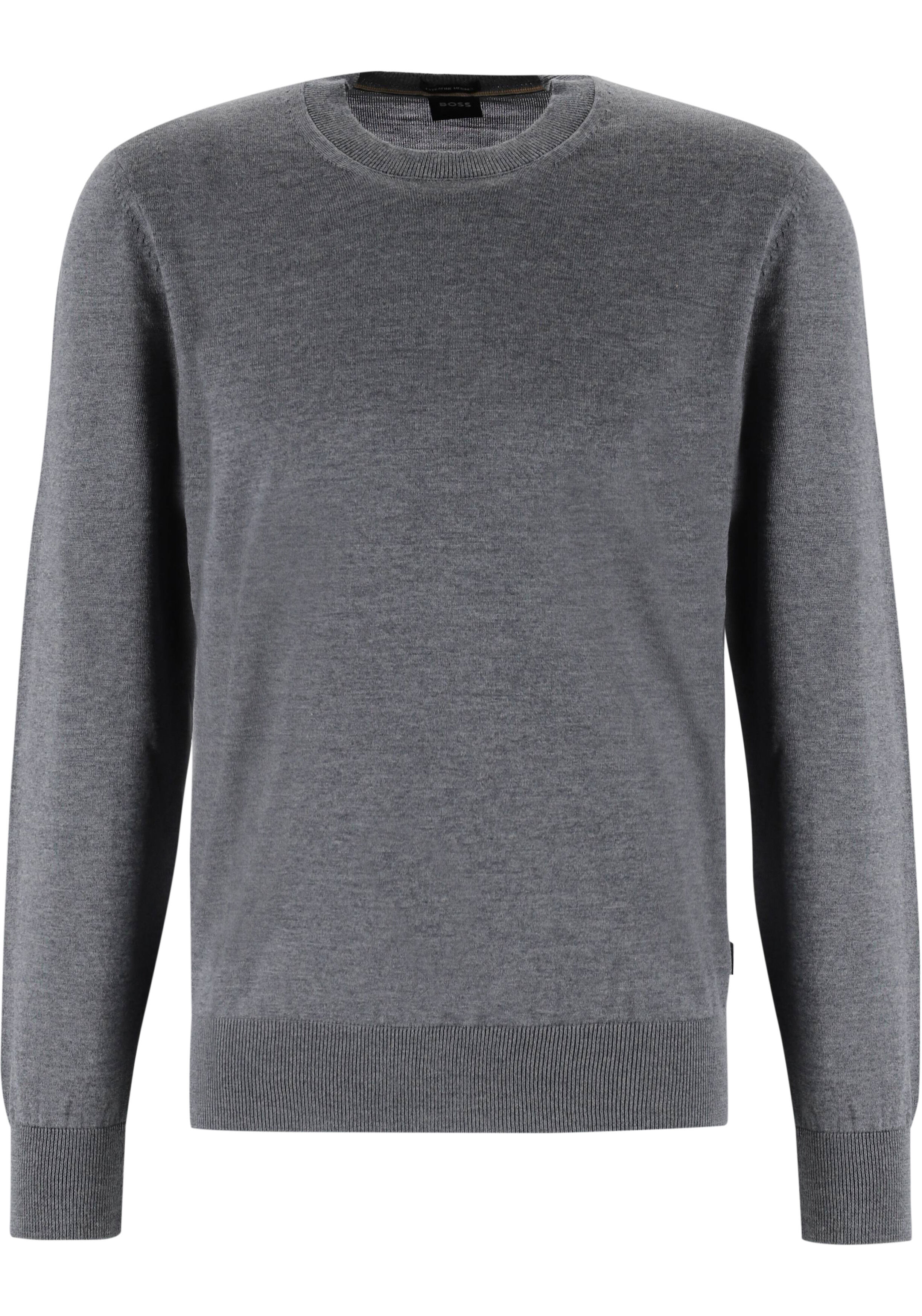 BOSS Leno slim fit trui wol, heren pullover middeldik O-hals, middengrijs