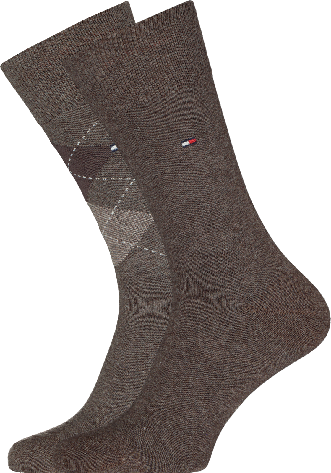 1-8718824979199_tommy_sokken_2p_HR Tommy Hilfiger Check Socks (2-pack), herensokken katoen, geruit en uni, bruin