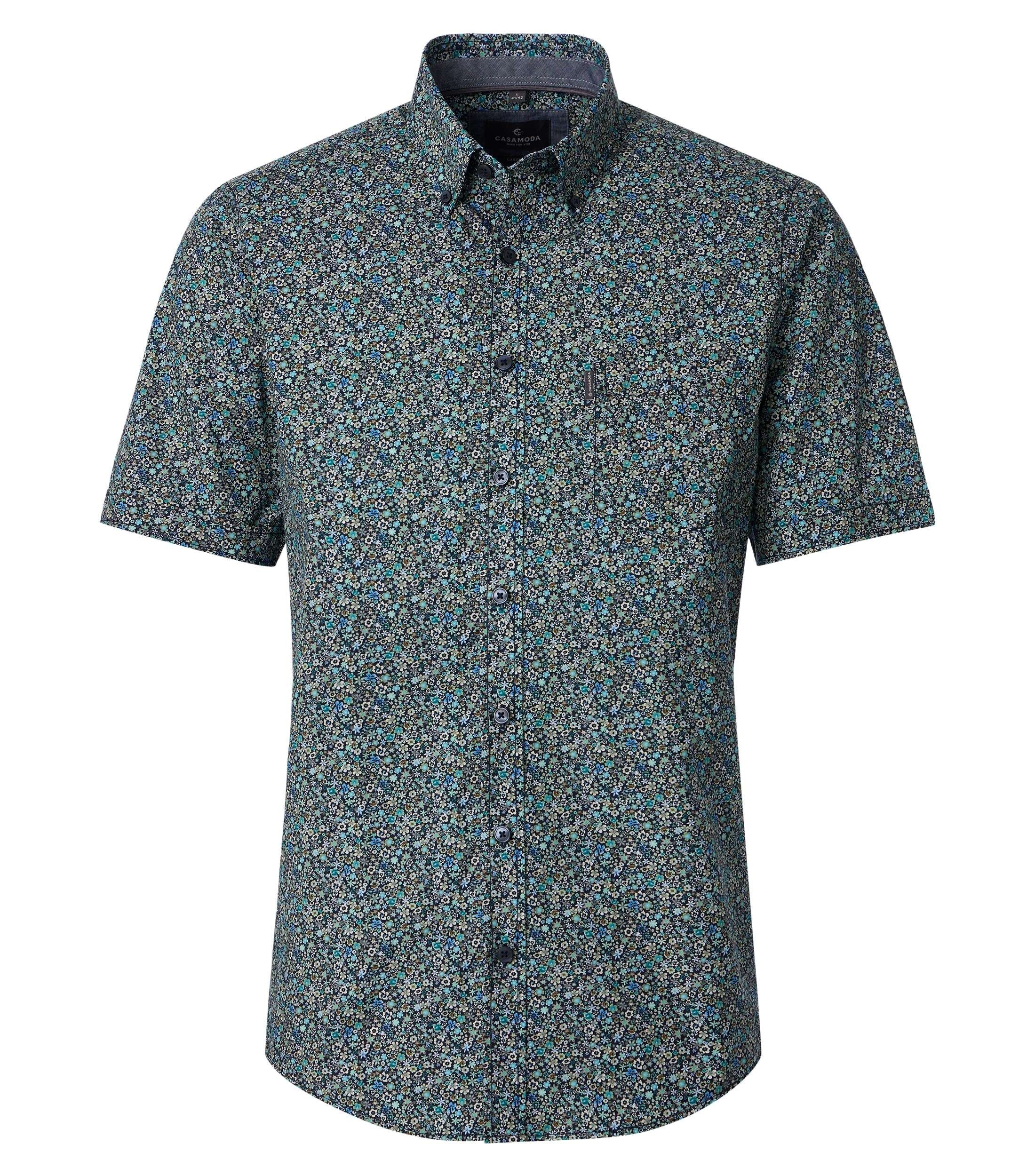 CASA MODA Sport casual fit overhemd, korte mouw, popeline, blauw met groen en grijs fijn bloemetjes dessin
