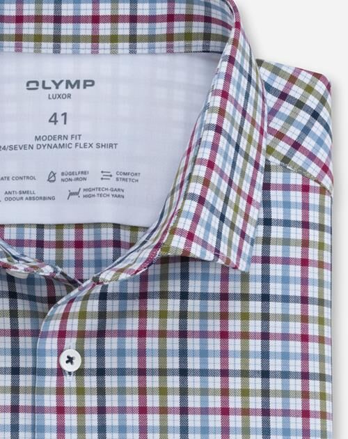 OLYMP Luxor 24/7 modern fit overhemd, popeline, granaat geruit
