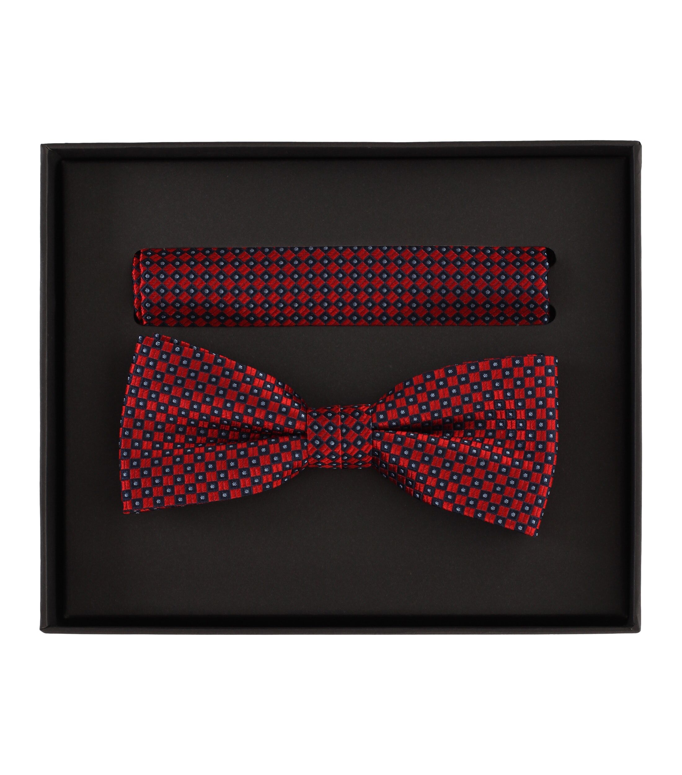 VENTI set met vlinderdas en pochet, rood, donkerblauw, lichtblauw dessin