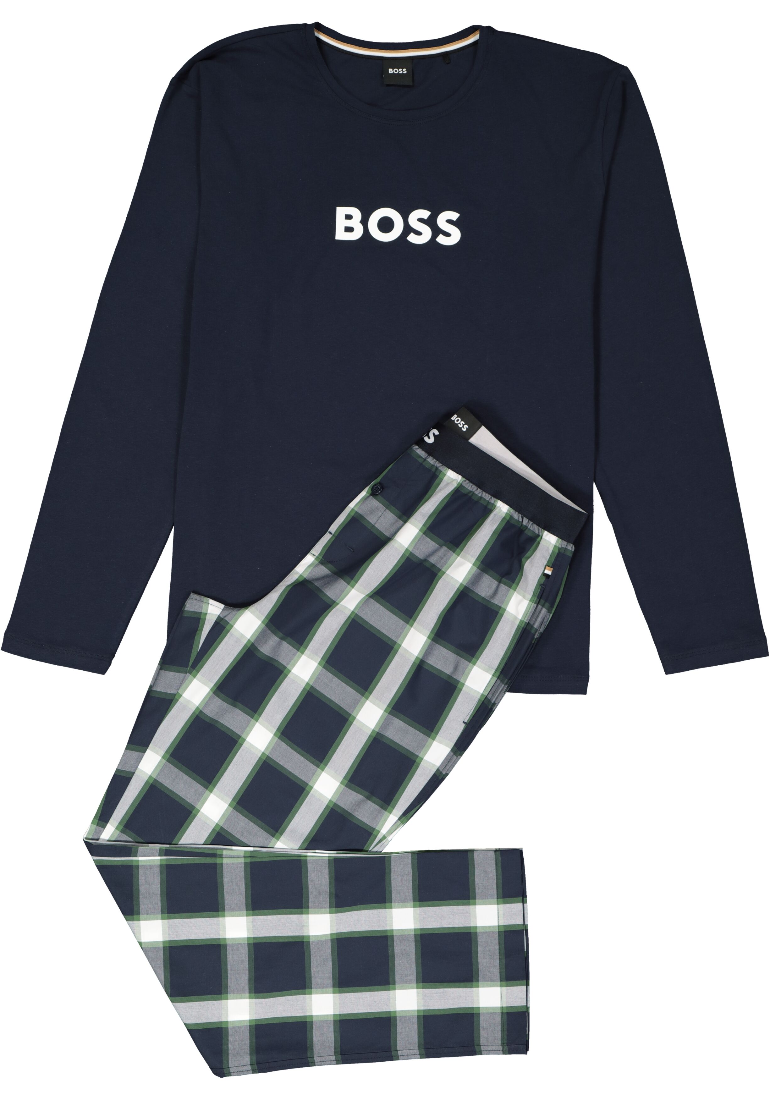 BOSS Long Set, heren lounge set, blauw met groen-blauw geruite broek