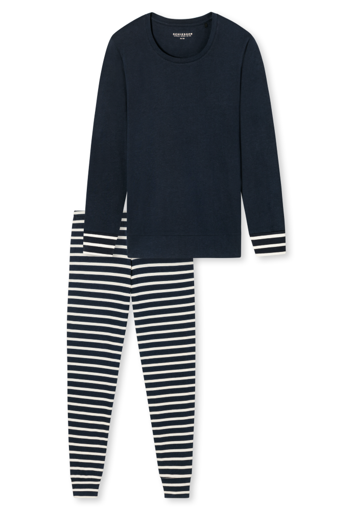 SCHIESSER dames Cotton Essentials Pyjama lang, dames pyjama set, nachtblauw gestreept