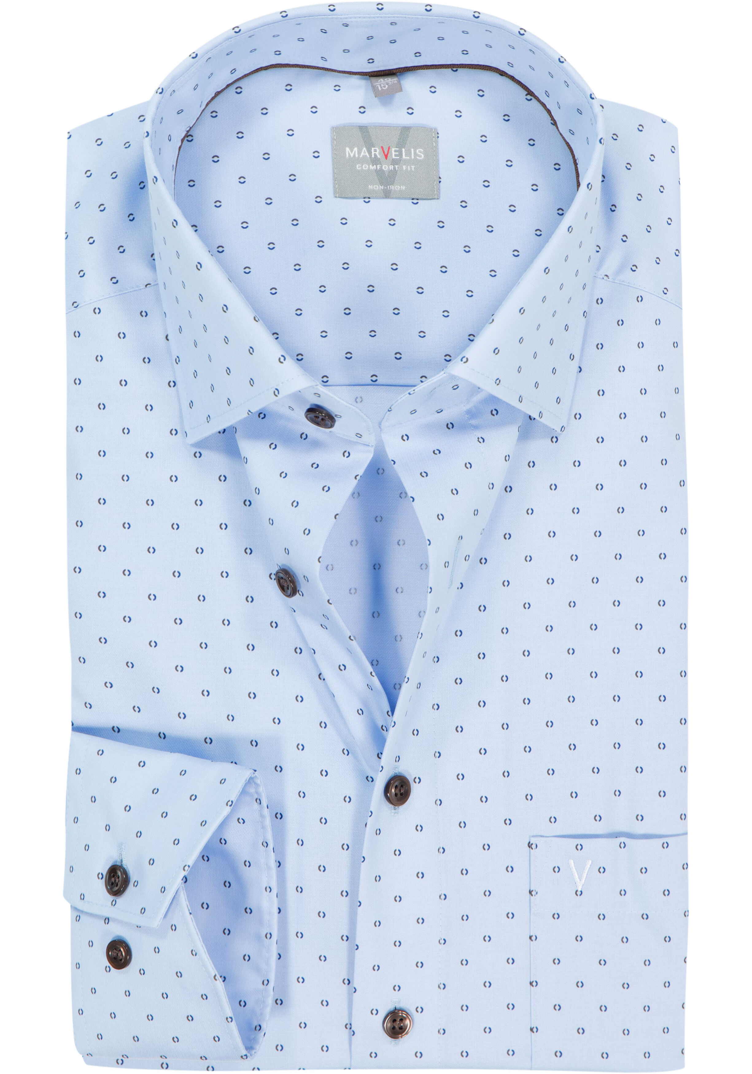 MARVELIS comfort fit overhemd, popeline, lichtblauw met donkerblauw en bruin dessin