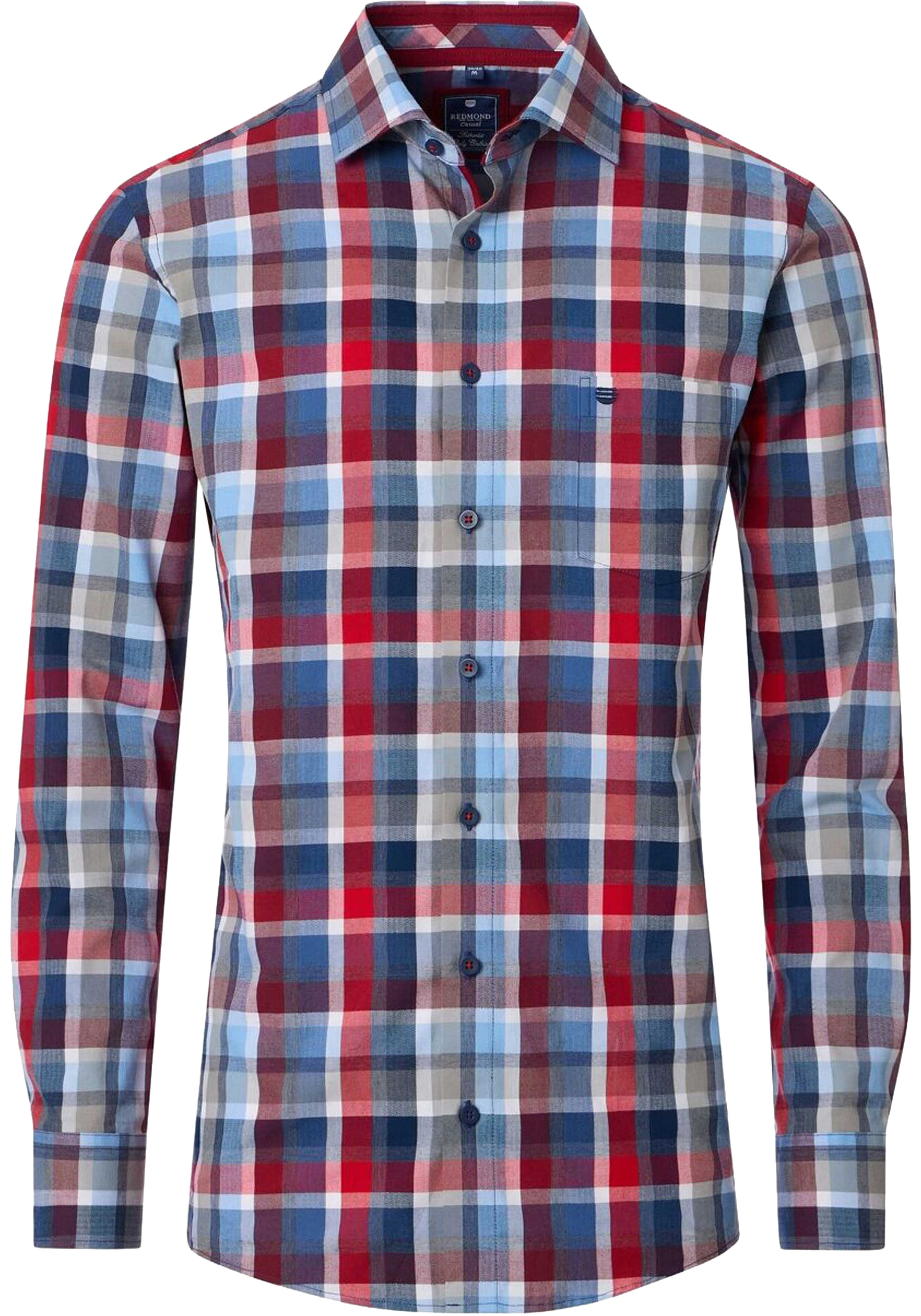 Redmond modern fit overhemd, dobby, rood, wit blauw geruit
