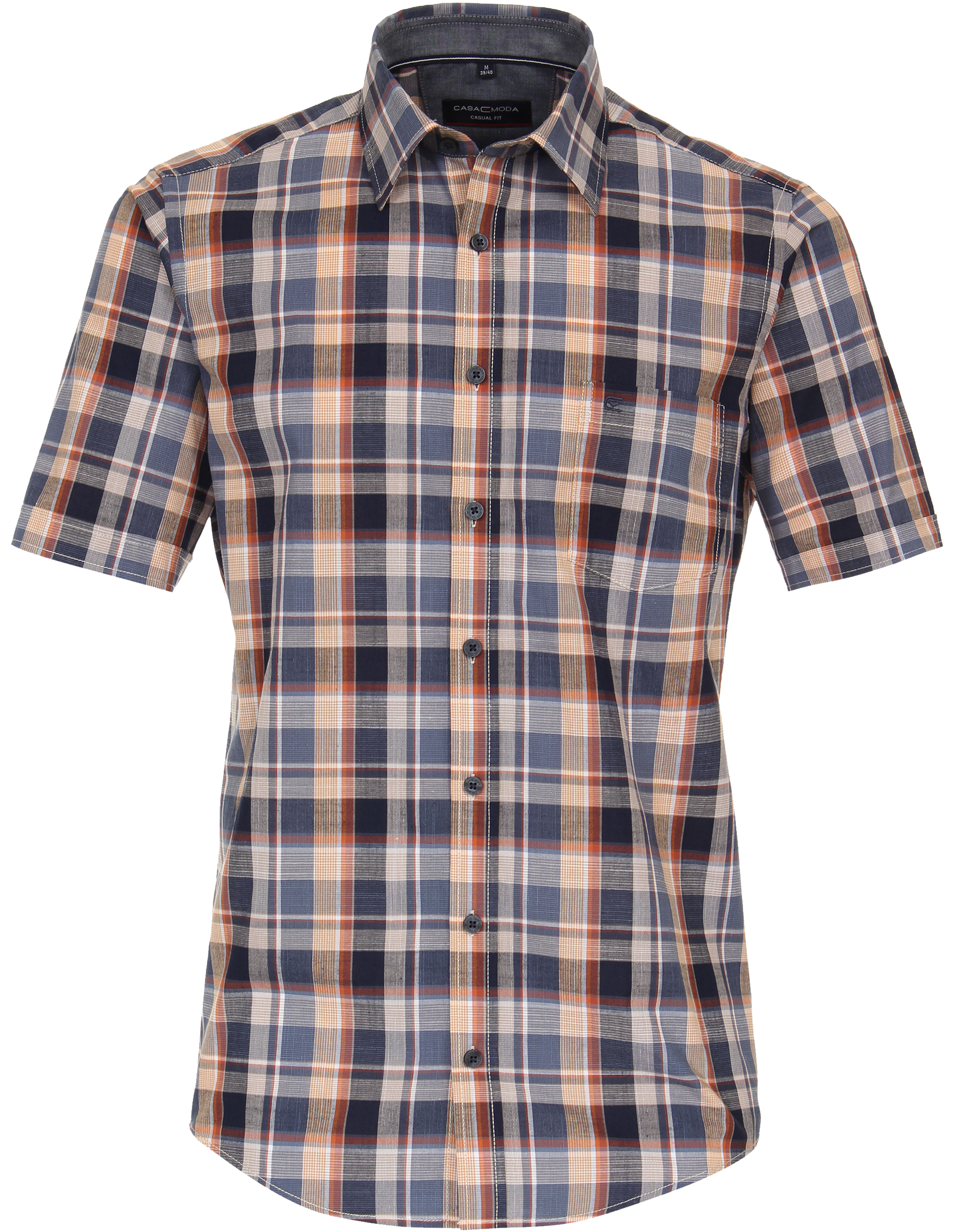 CASA MODA Sport casual fit overhemd, korte mouw, chambray, blauw met oranje geruit
