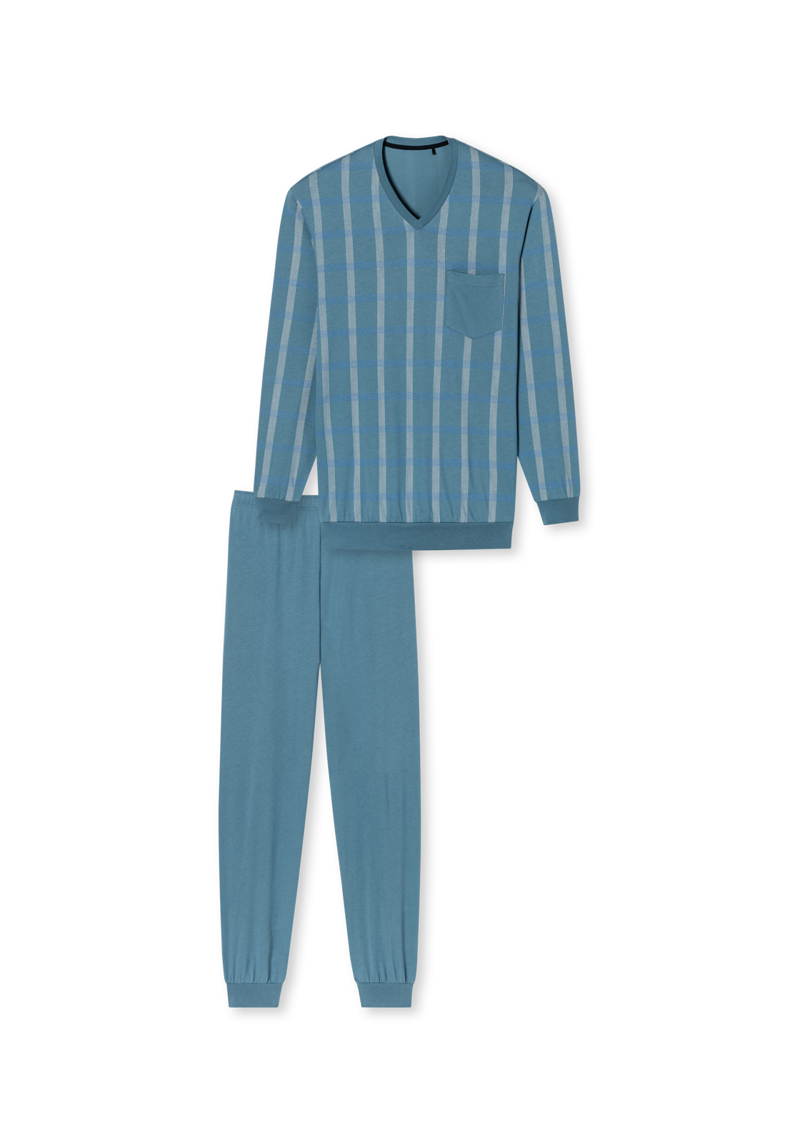 image_2_181162-808_2_1280x1280 SCHIESSER Comfort Nightwear pyjamaset, heren pyjama lang organic cotton V-hals manchetten borstzak blauw-grijs geruit