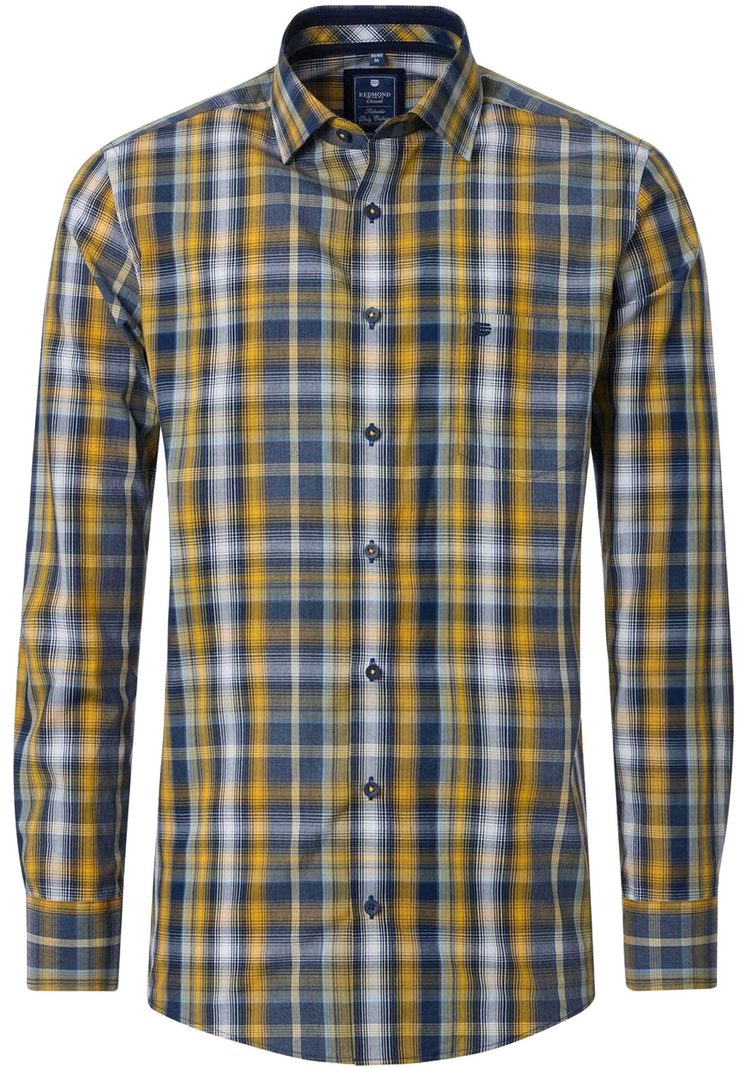 Redmond comfort fit overhemd, structuur, blauw met geel en wit geruit