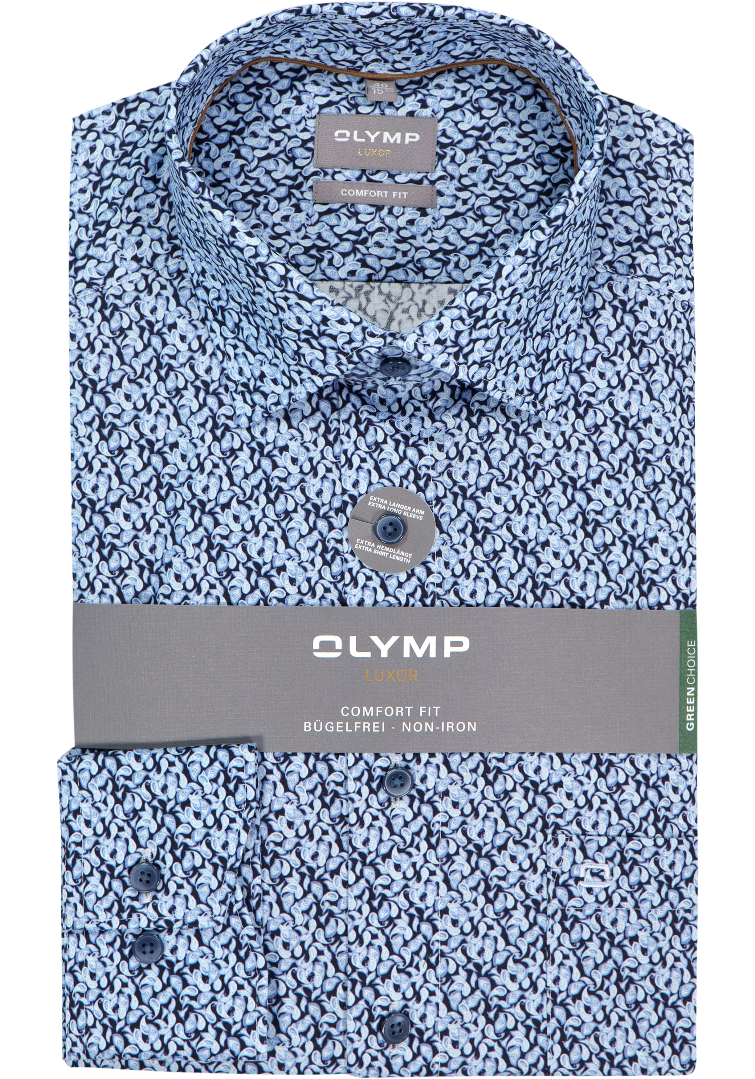 OLYMP Luxor comfort fit overhemd, mouwlengte 7, dobby, licht- en donkerblauw met groen dessin