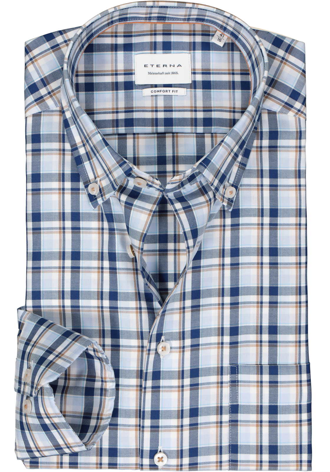 1-4067159317355_eterna-overhemd_HR ETERNA comfort fit overhemd, twill, wit, blauw en beige geruit
