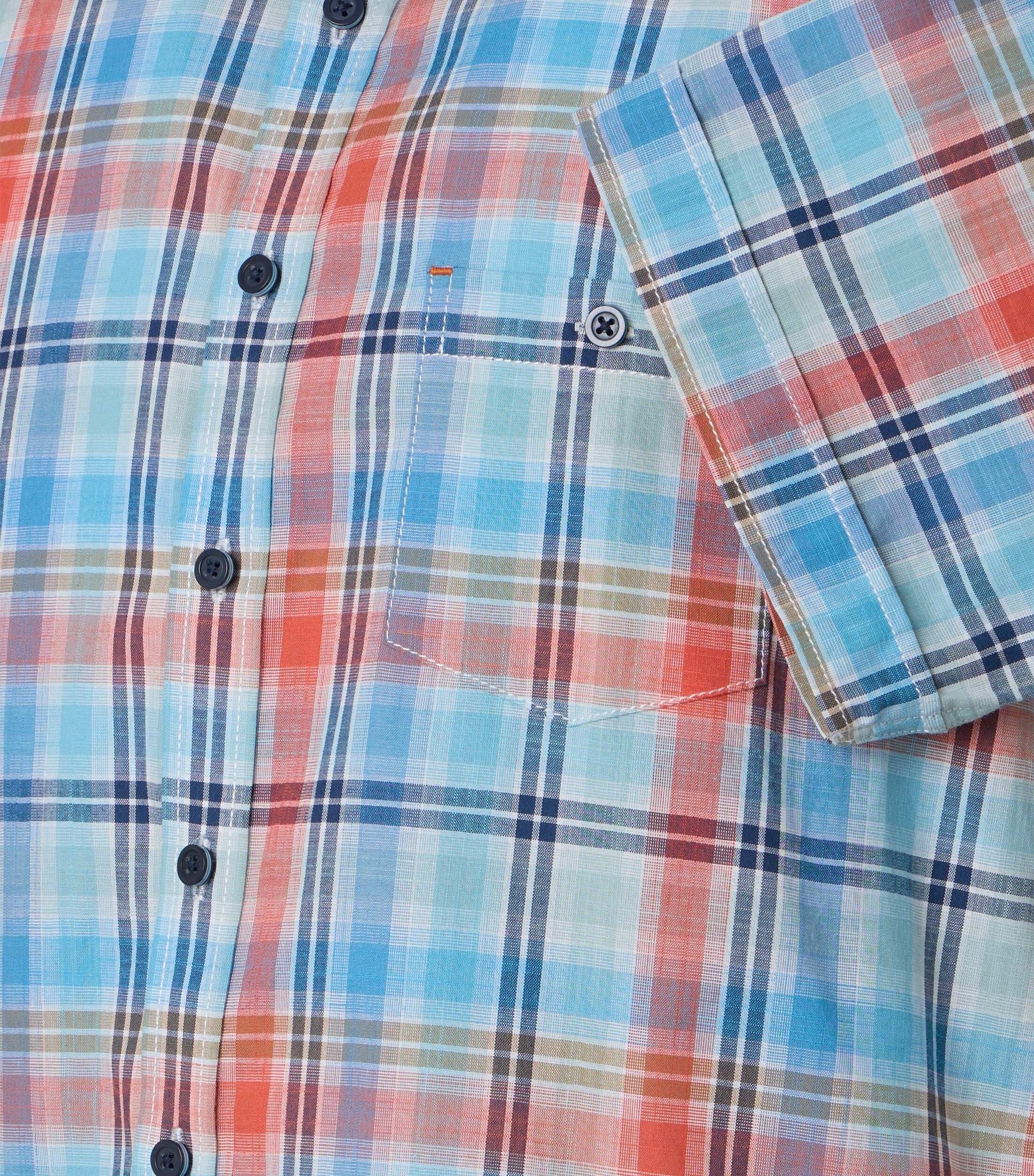 CASA MODA Sport casual fit overhemd, korte mouw, chambray, lichtblauw, oranje, wit, donkerblauw geruit