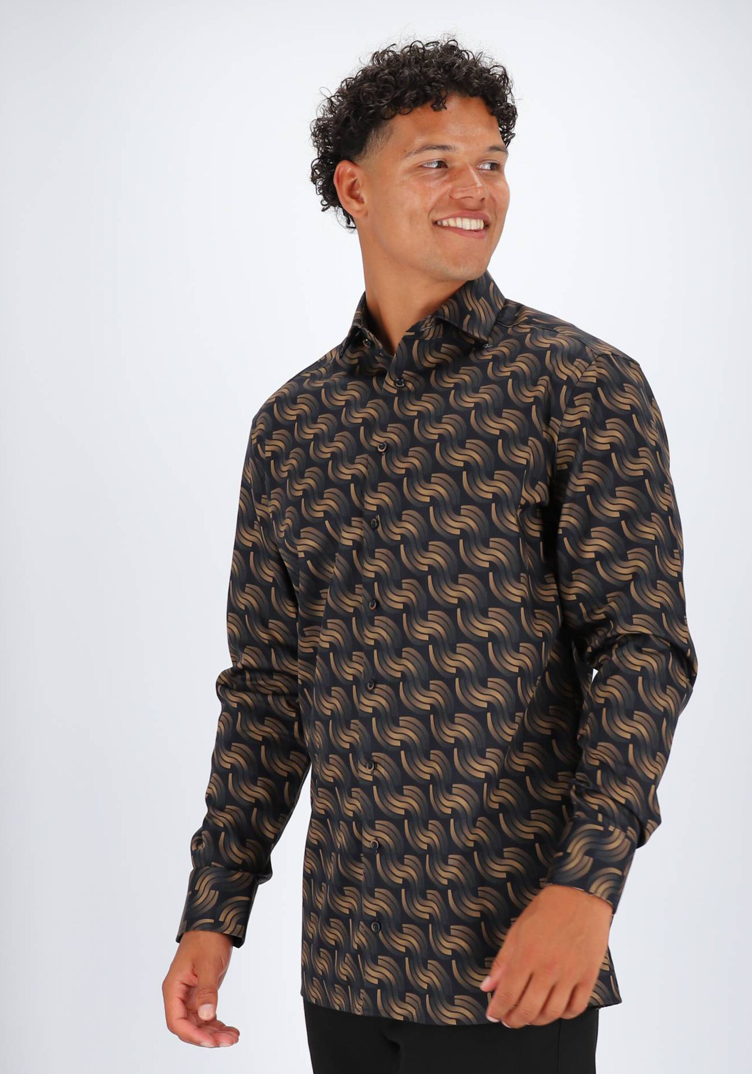 OLYMP Luxor modern fit overhemd, satijnbinding, bruin dessin