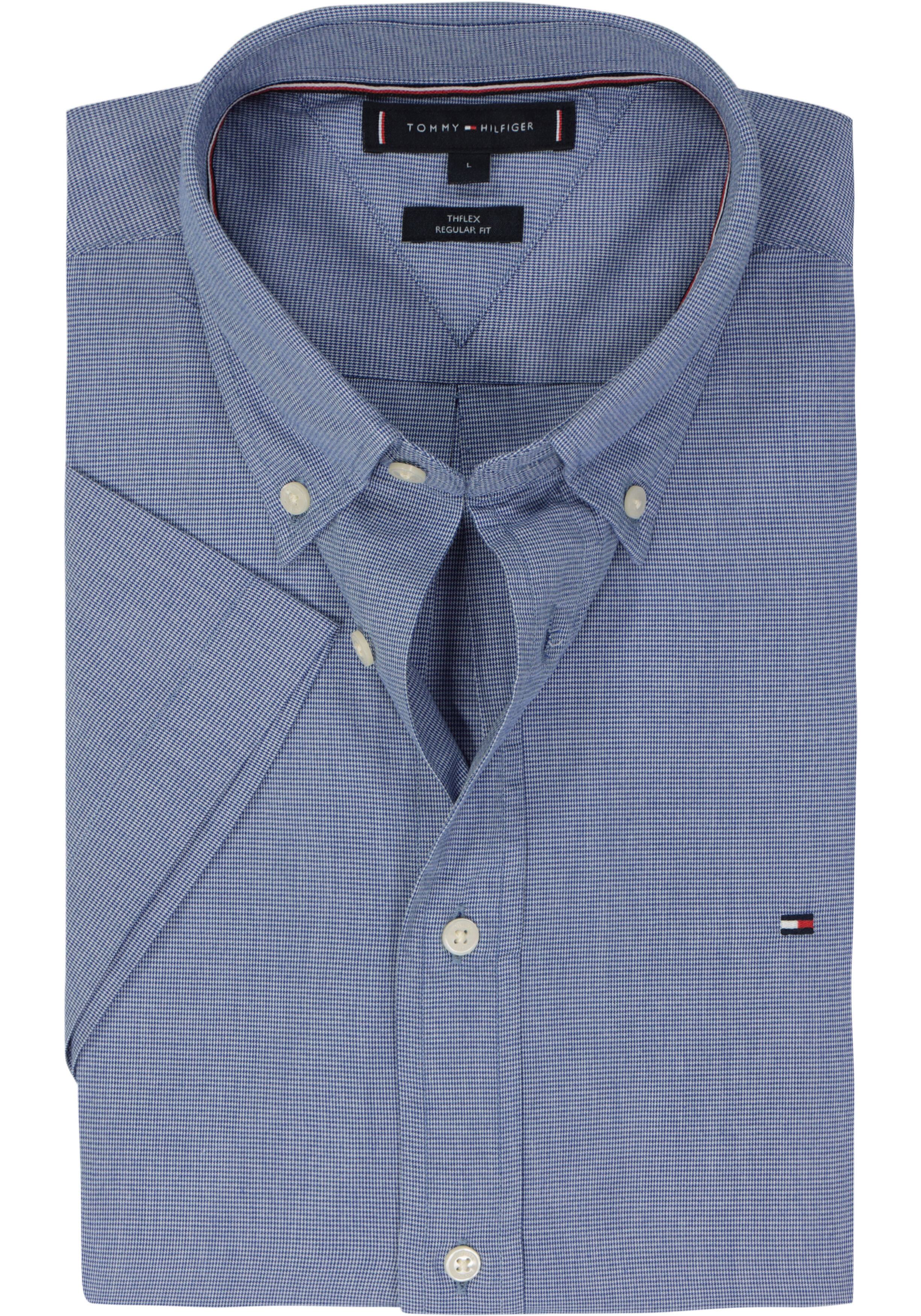 Tommy Hilfiger Flex Poplin Regular Fit Shirt, korte mouw, popeline, heel fijn blauw met wit geruit