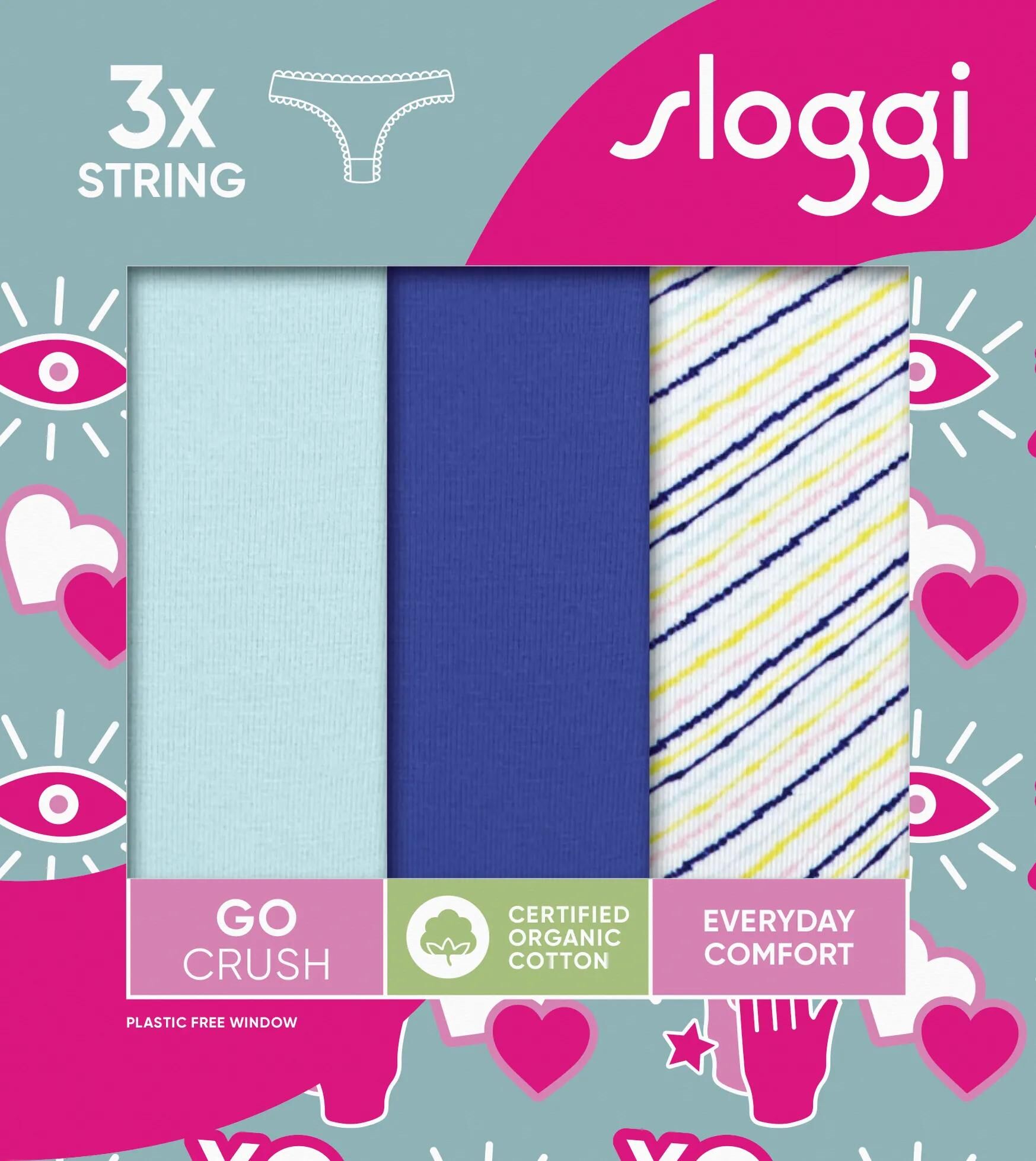Sloggi Women GO Crush String (3-pack), dames string, lichtblauw, kobaltblauw en blauw, wit en geel gestreept