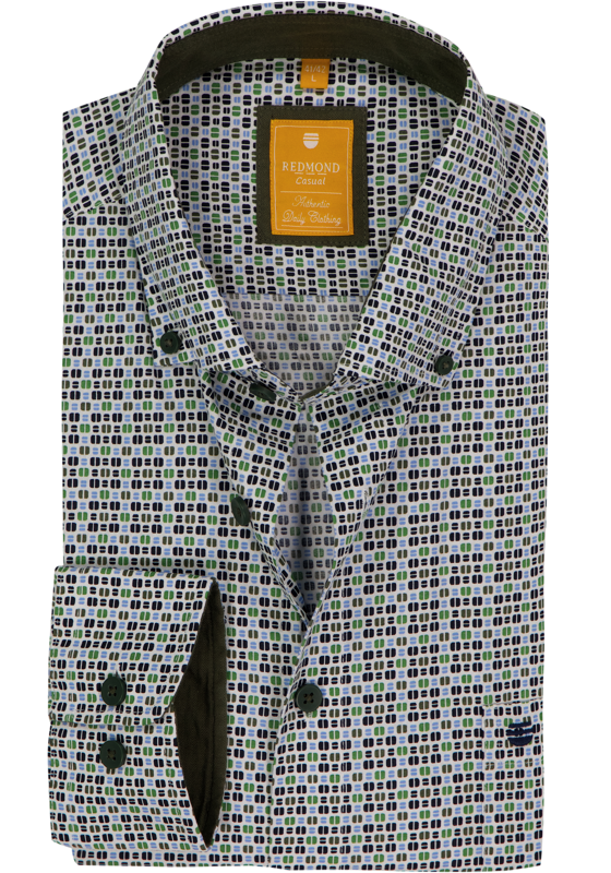 Redmond modern fit overhemd, popeline, wit met groen en blauw dessin Redmond modern fit overhemd, popeline, wit met groen en blauw dessin