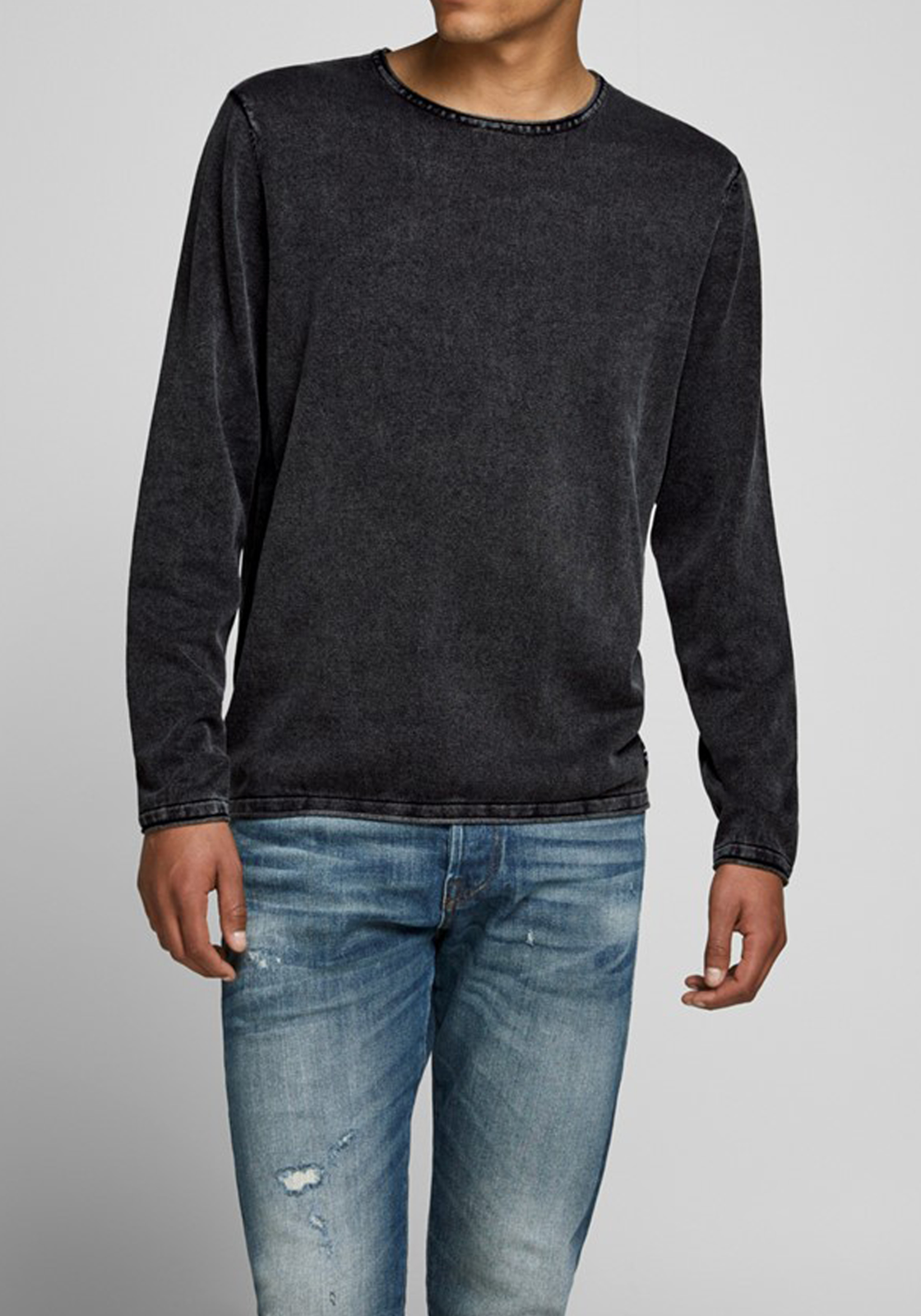 7-5714909533884-jackjones-trui_HR JACK & JONES slim fit trui katoen, O-hals, verwassen zwart
