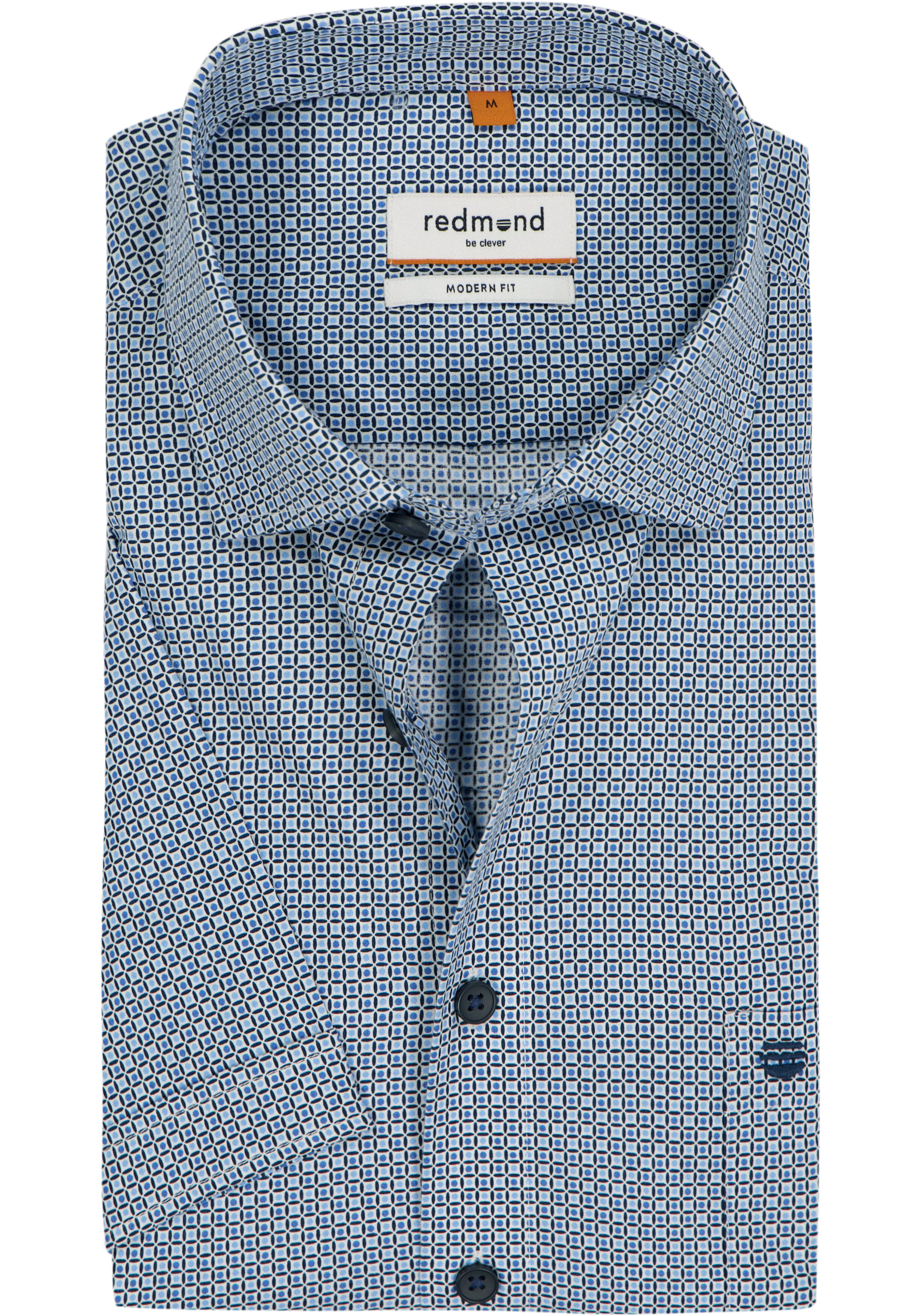 Redmond modern fit overhemd, korte mouw, popeline, licht- en donkerblauw met wit dessin
