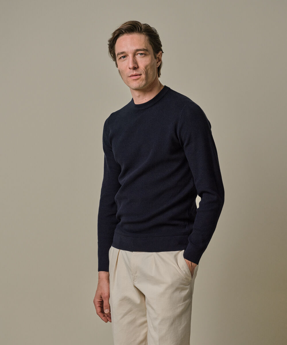 Profuomo heren trui katoen, slim fit trui met O-hals, donkerblauw