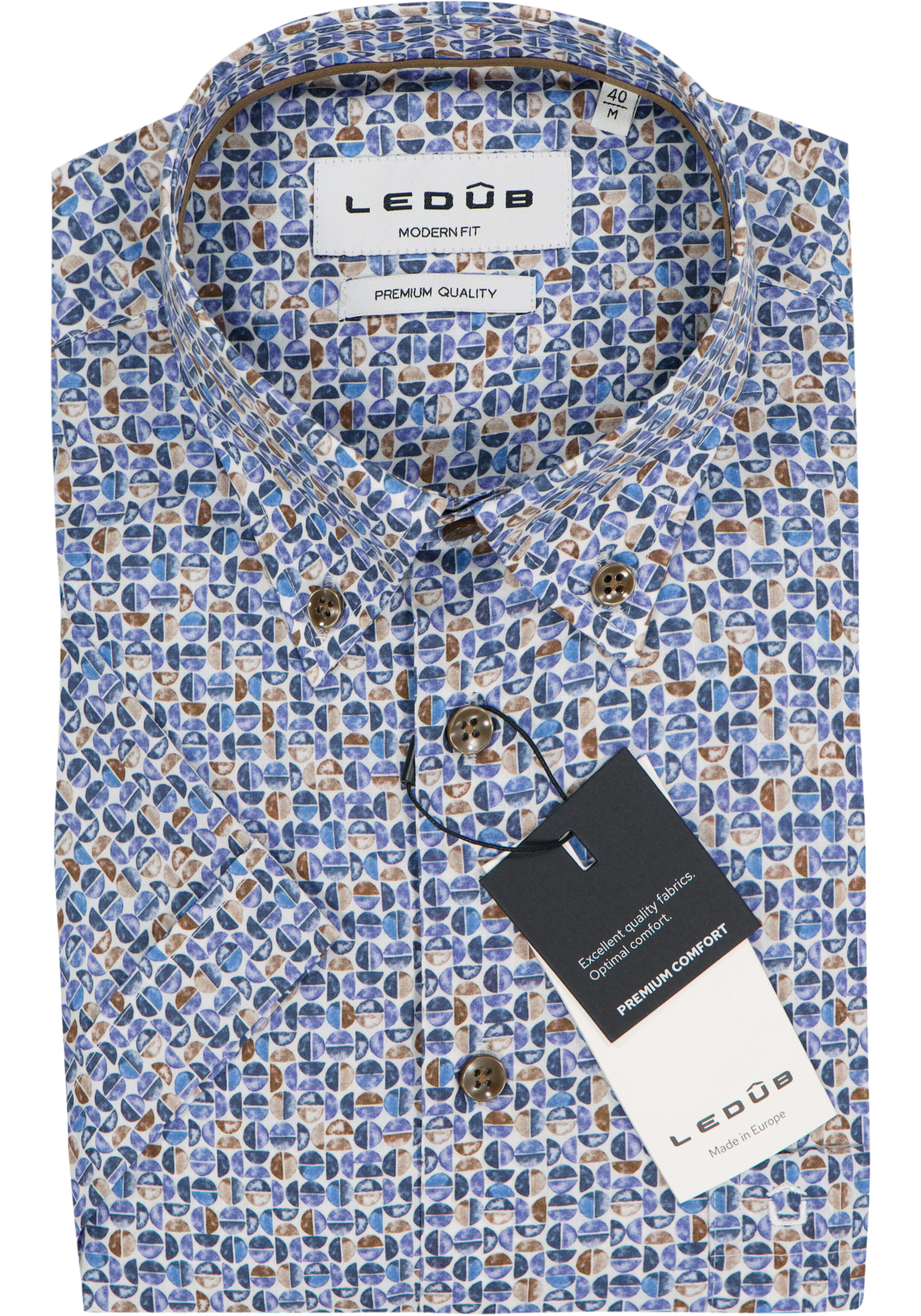 Ledub modern fit overhemd, korte mouw, popeline, blauw met wit en bruin dessin