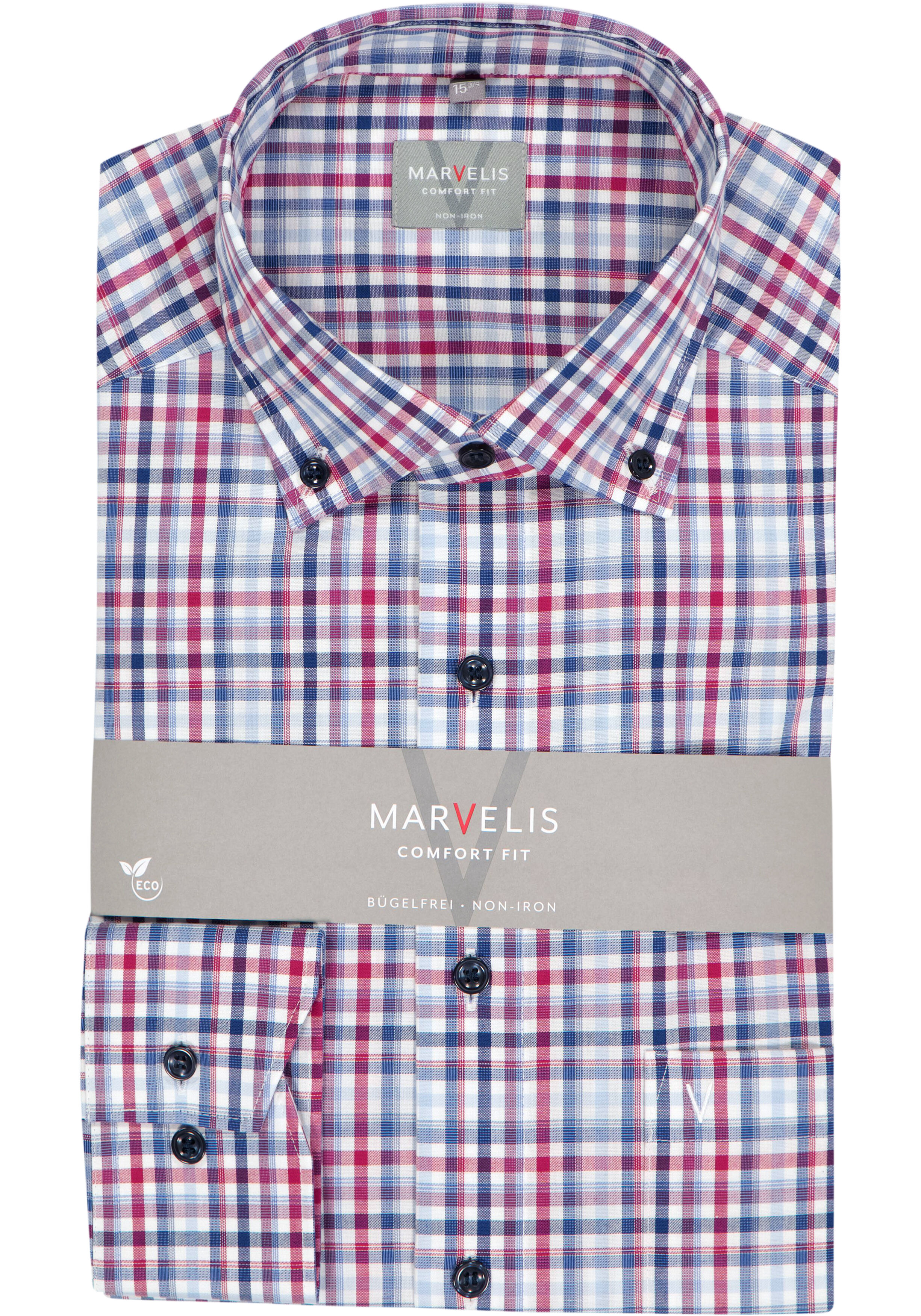 MARVELIS comfort fit overhemd, popeline, rood, wit en blauw geruit