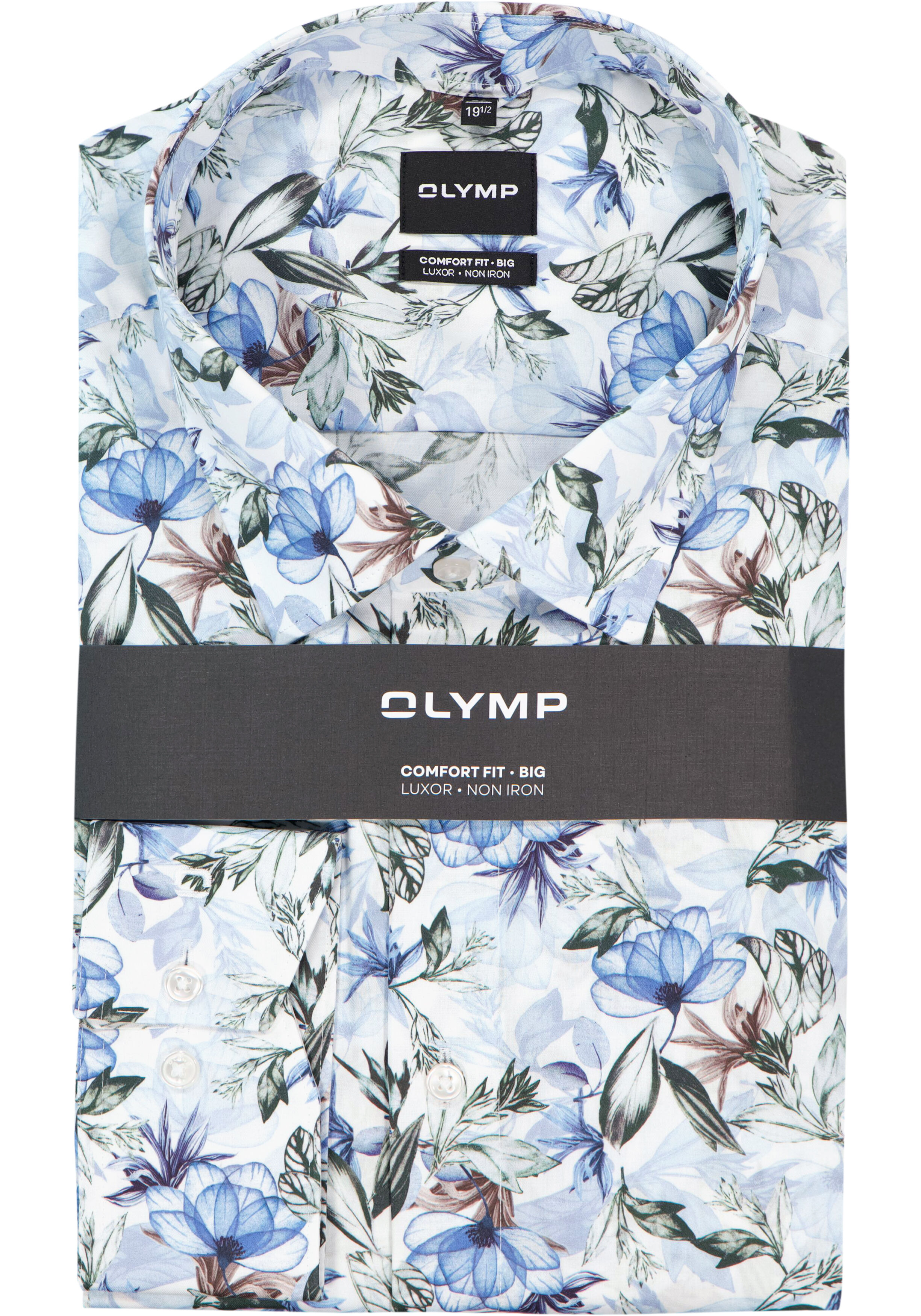 OLYMP Luxor comfort fit Big overhemd, dobby, wit met blauw en groen bloemen dessin