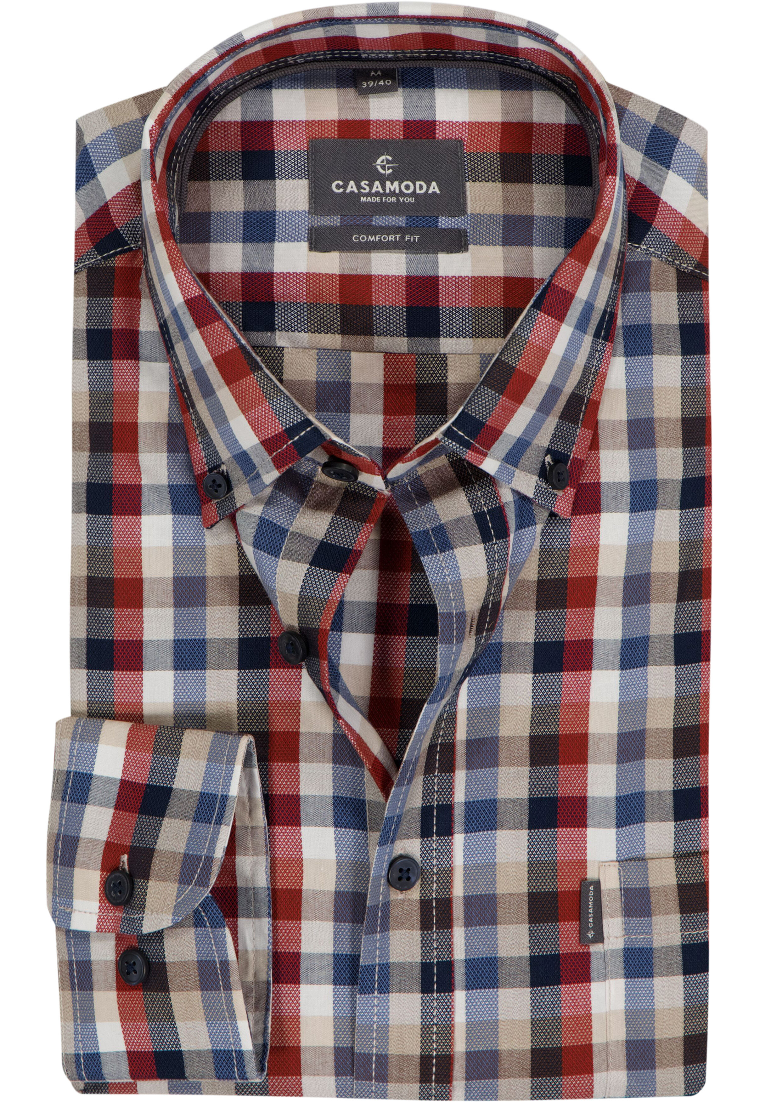 CASA MODA Sport comfort fit overhemd, popeline, donkerrood, met wit, blauw en beige geruit