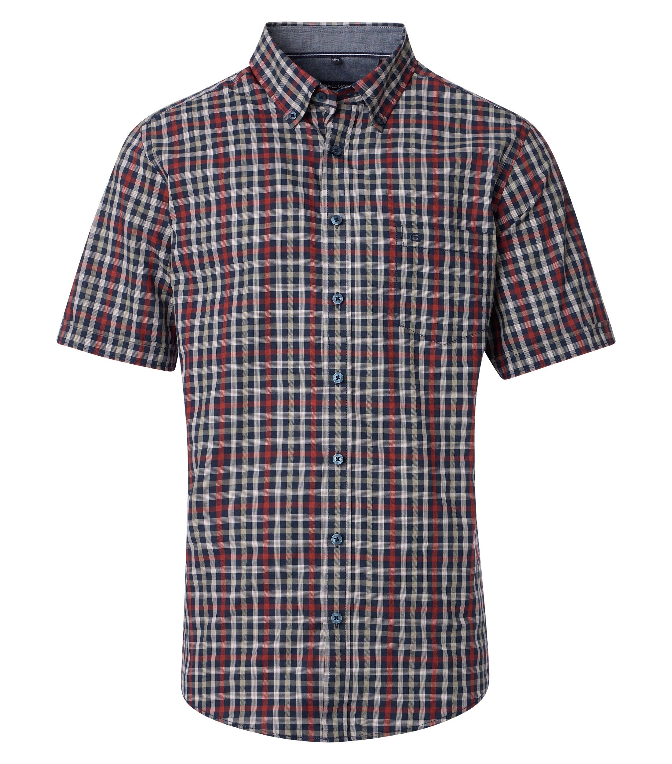 CASA MODA Sport casual fit overhemd, korte mouw, dobby, donkerblauw met rood, wit en beige geruit