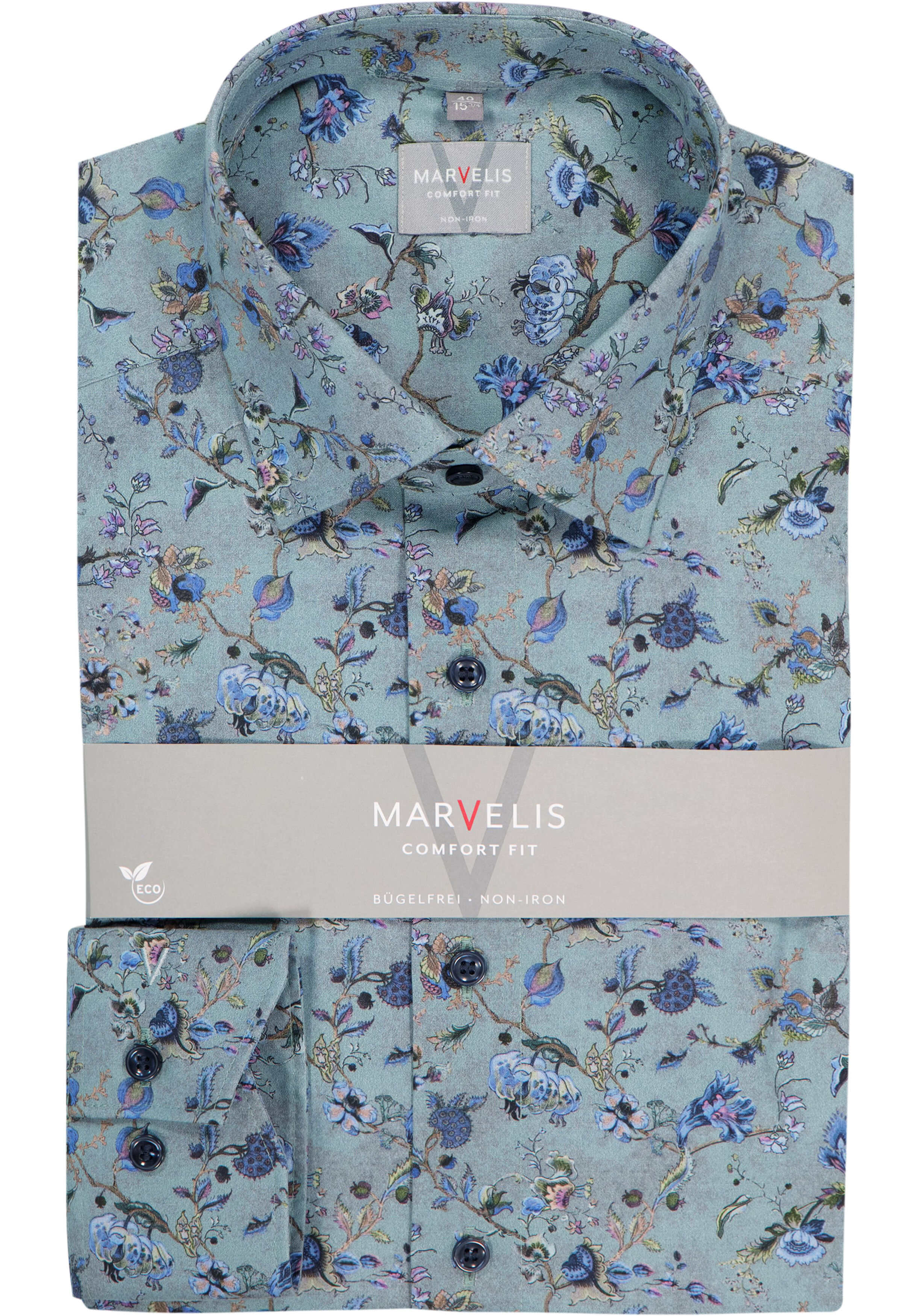 MARVELIS comfort fit overhemd, popeline, groen met blauw en paars bloemen dessin